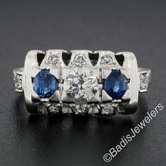 Antique Solid 18k White Gold Old Cut Sapphire & Diamond Ring Band