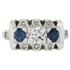 Antique Solid 18k White Gold Old Cut Sapphire & Diamond Ring Band