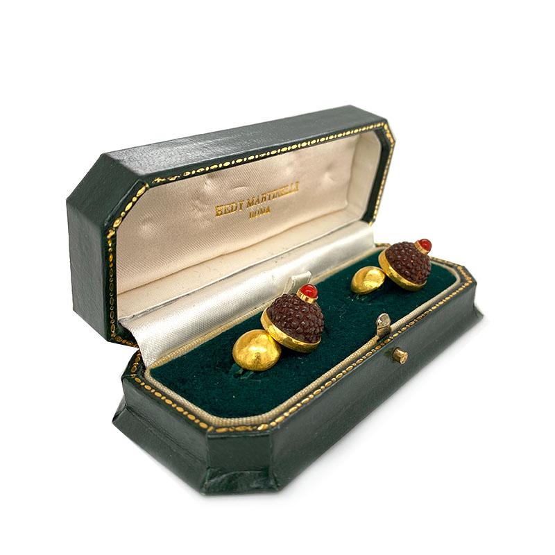 Antique Solid 18 Karat Gold Carnelian Cufflinks by Hedy Martinelli 8.8g with Box 1