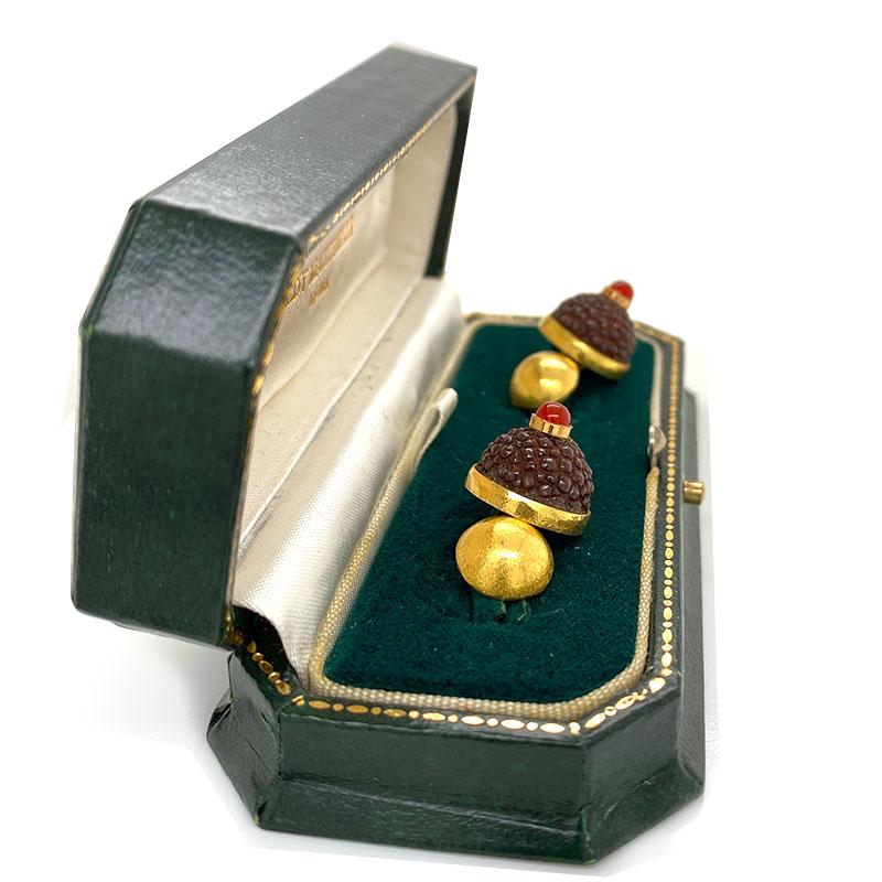 Antique Solid 18 Karat Gold Carnelian Cufflinks by Hedy Martinelli 8.8g with Box 2