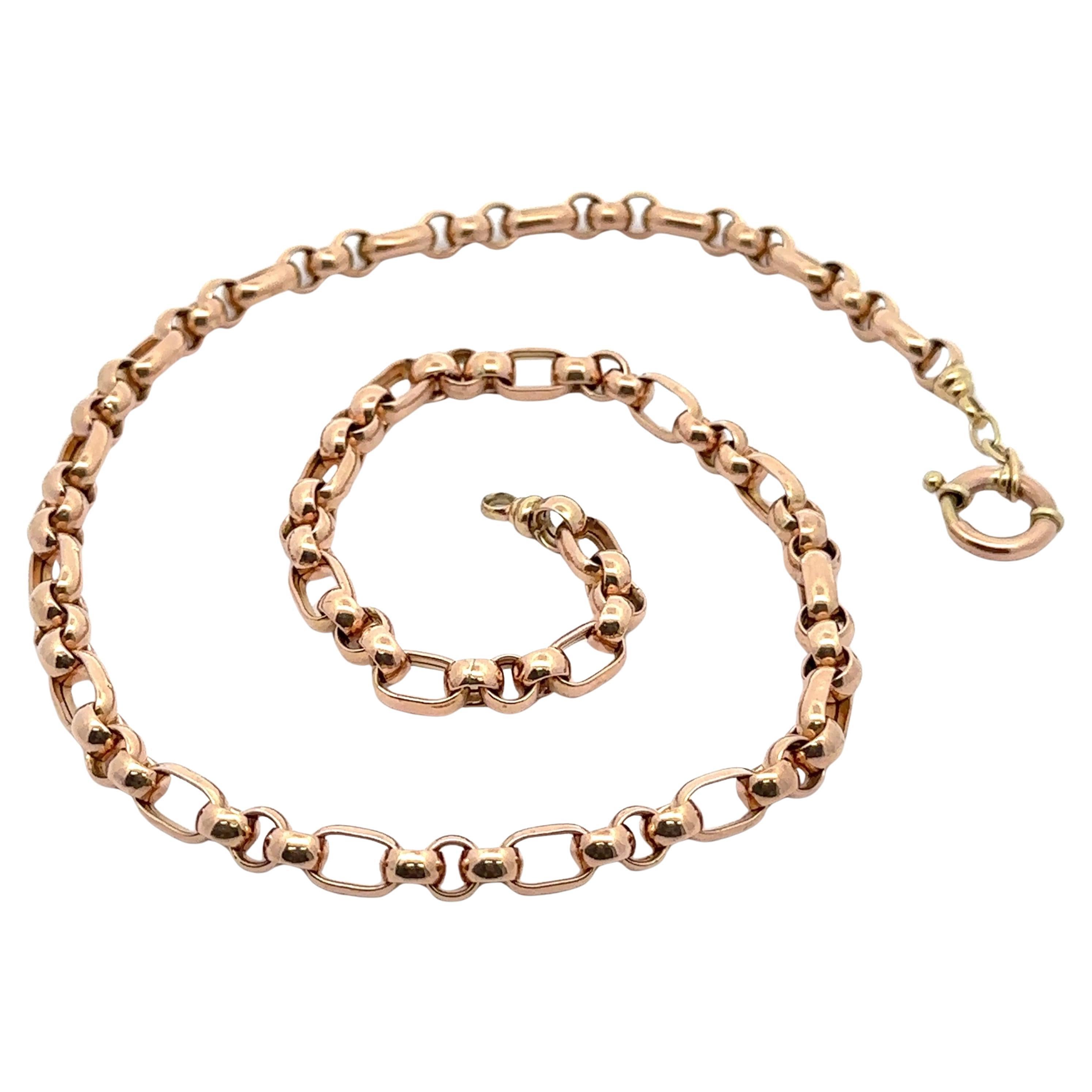 Antique Solid 9k Rosy Yellow Gold 21" Rolo & Oval Link Chain Necklace