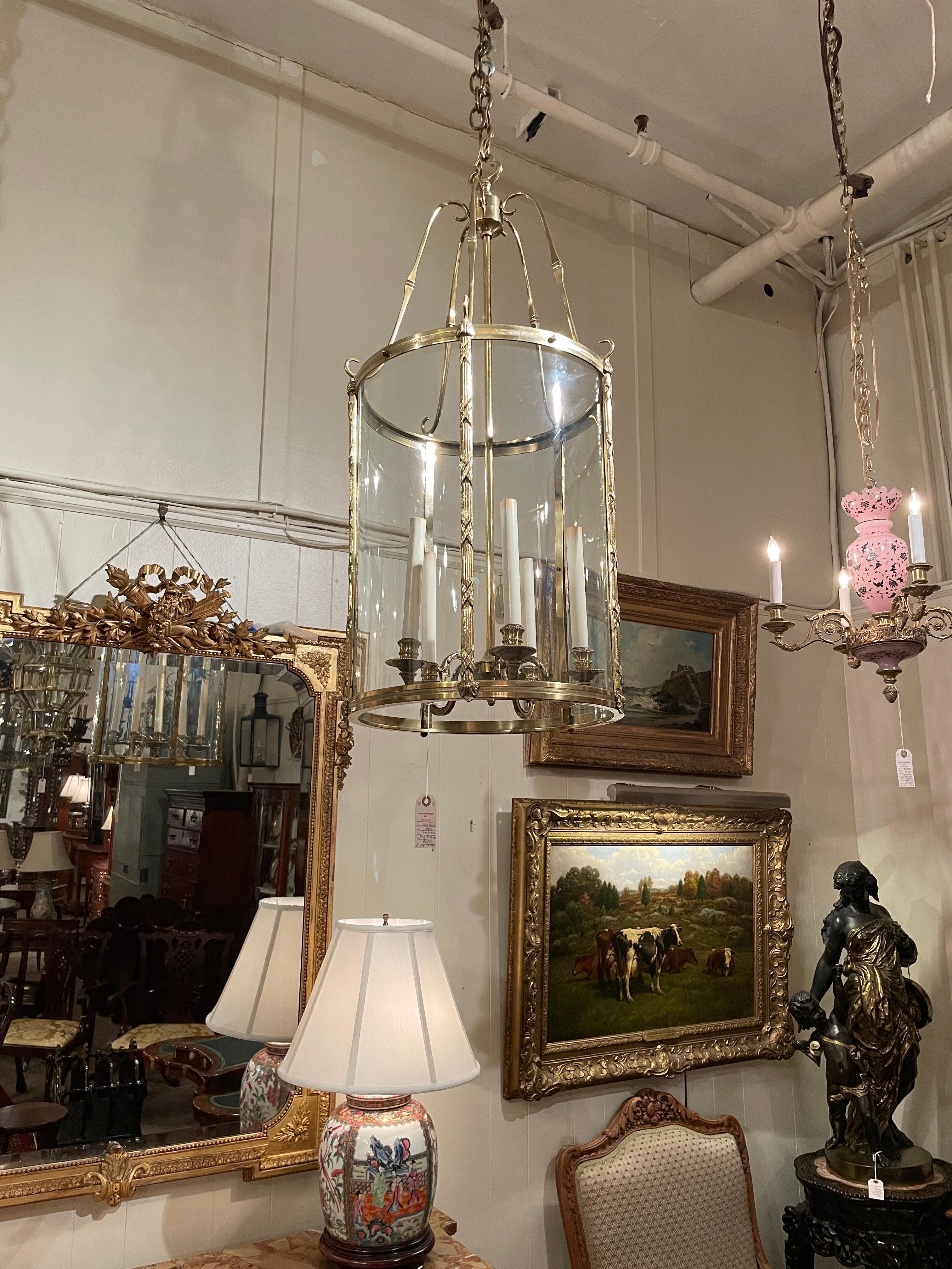 Antique Solid Brass 5 Light Hall Lantern, circa 1920-1930 For Sale 2