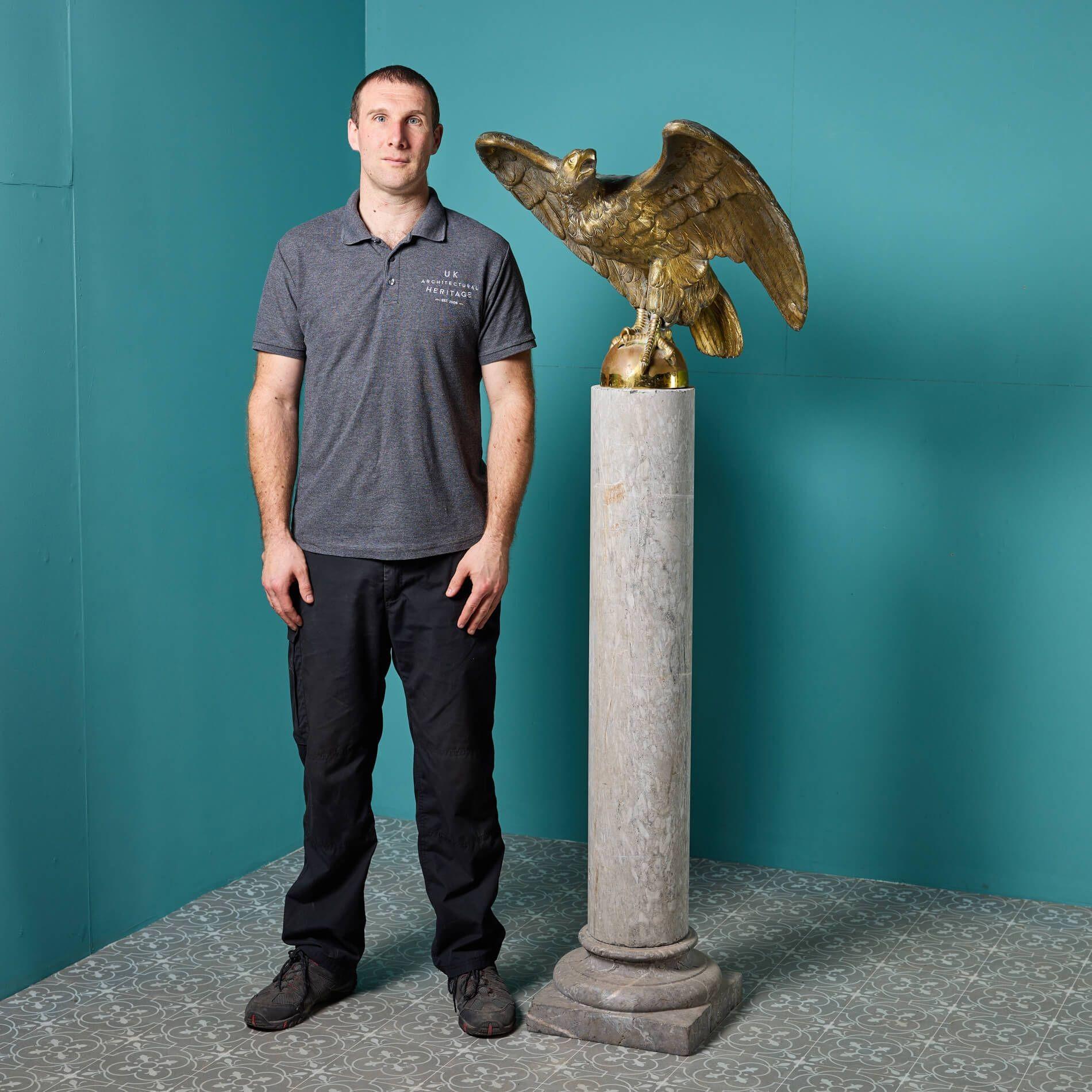 An impressive 19th century solid gilt brass eagle statue upon a grey Ashburton marble column. This striking figurine is an imposing piece, best situated to a spacious interior alcove, hallway or drawing room so that its beauty can be observed from