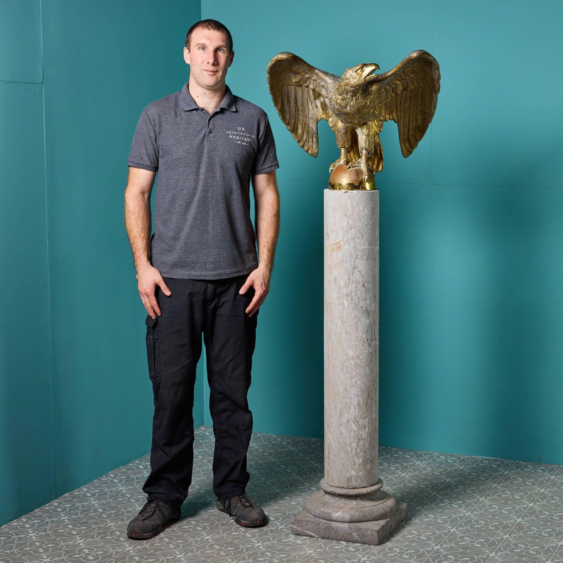 Georgian Antique Solid Brass Eagle Statue on Marble Column For Sale