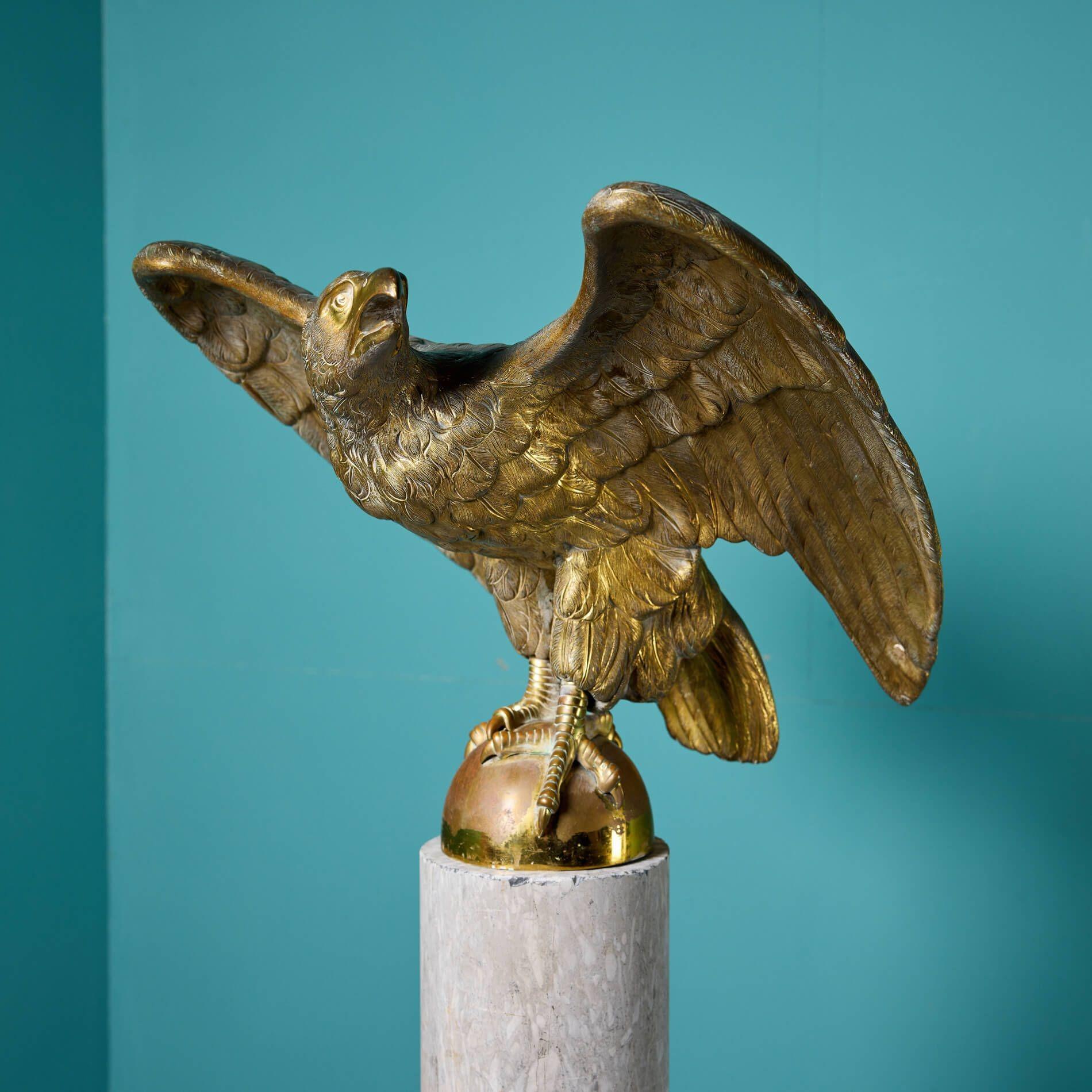 19th Century Antique Solid Brass Eagle Statue on Marble Column For Sale