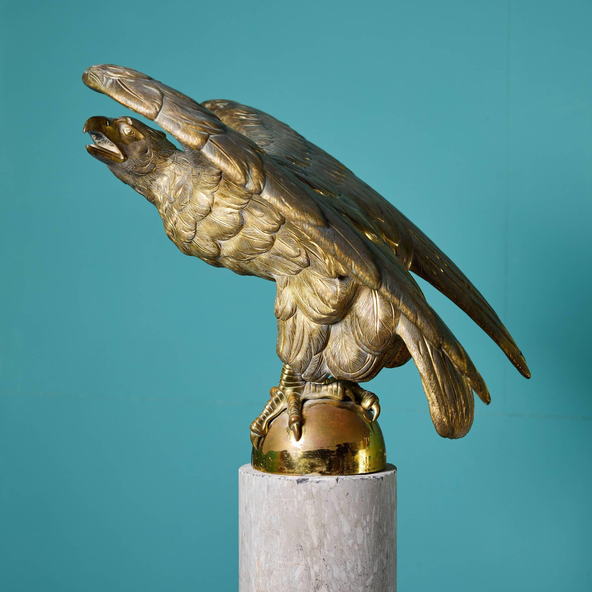 Metal Antique Solid Brass Eagle Statue on Marble Column For Sale