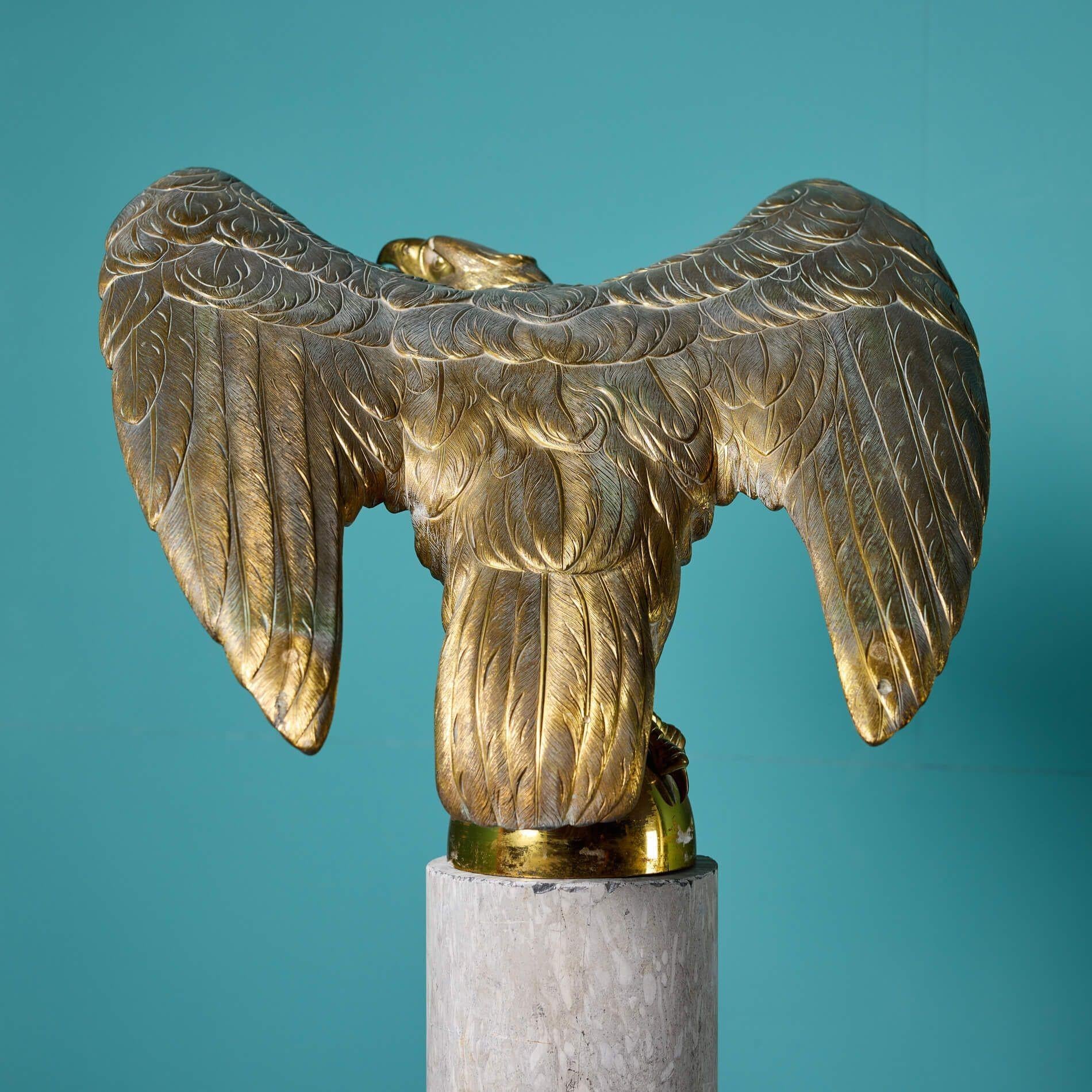 Antique Solid Brass Eagle Statue on Marble Column For Sale 1