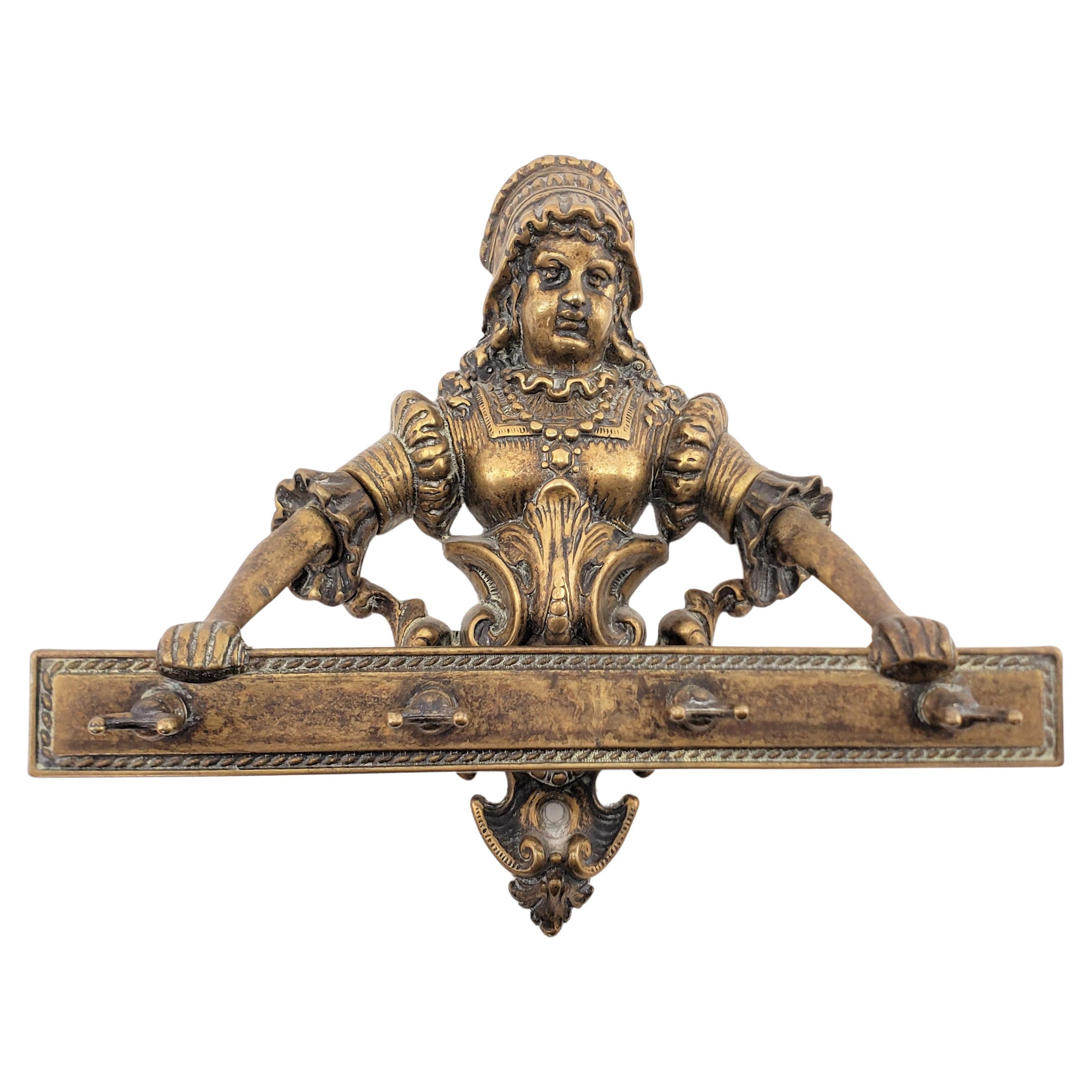 Antique Solid Brass Sculptural Female Wall Mounted Key or Utensil Holder