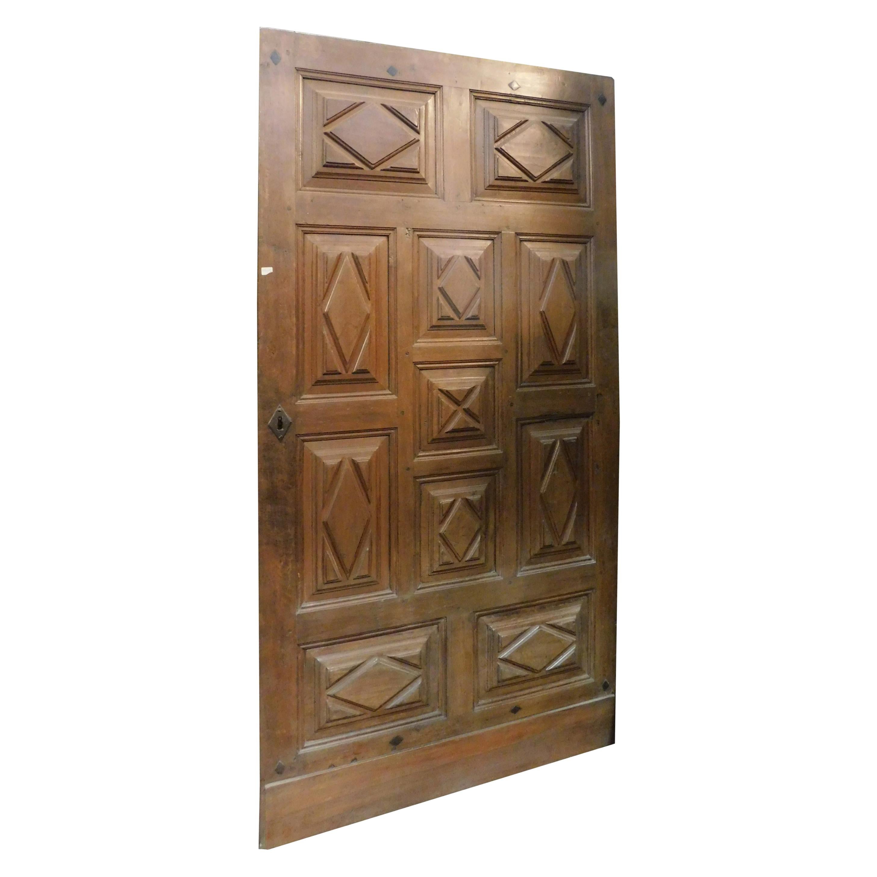 Antique Solid Brown Walnut Door, Carved Lozenges, 17th Century, Italy For Sale