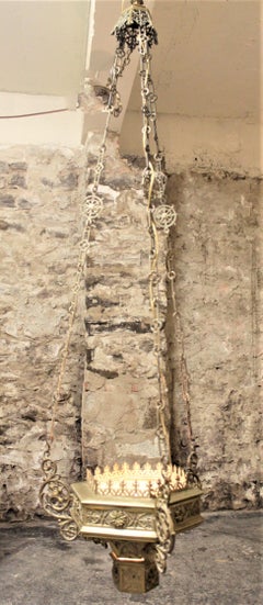 Antique Solid Cast Brass Gothic Revival Hanging Chandelier or Light Fixture