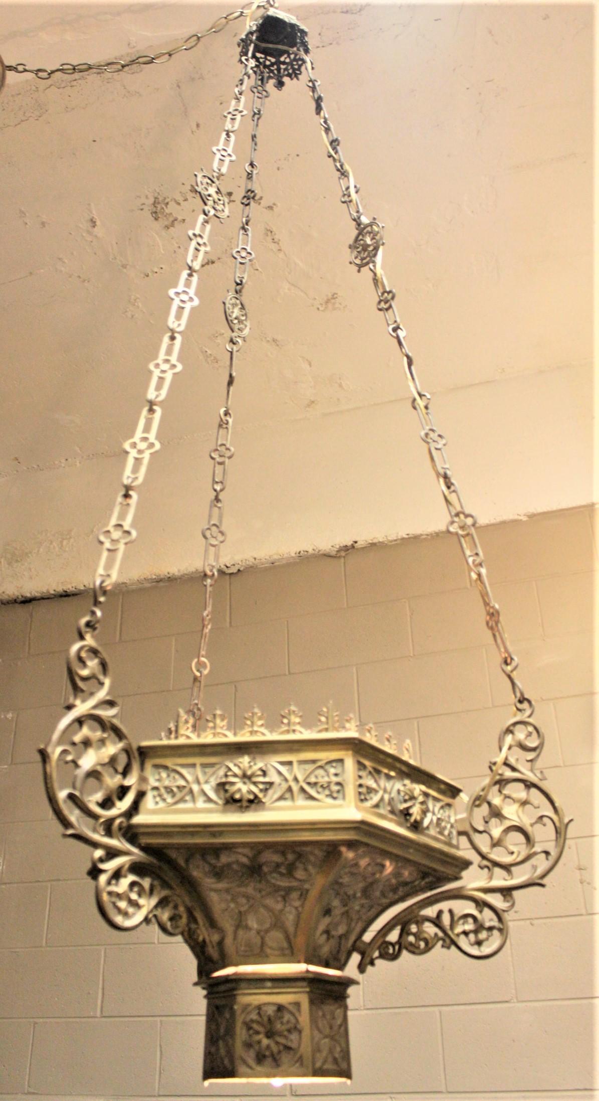Antique Solid Cast Brass Gothic Revival Hanging Chandelier or Light Fixture In Good Condition For Sale In Hamilton, Ontario