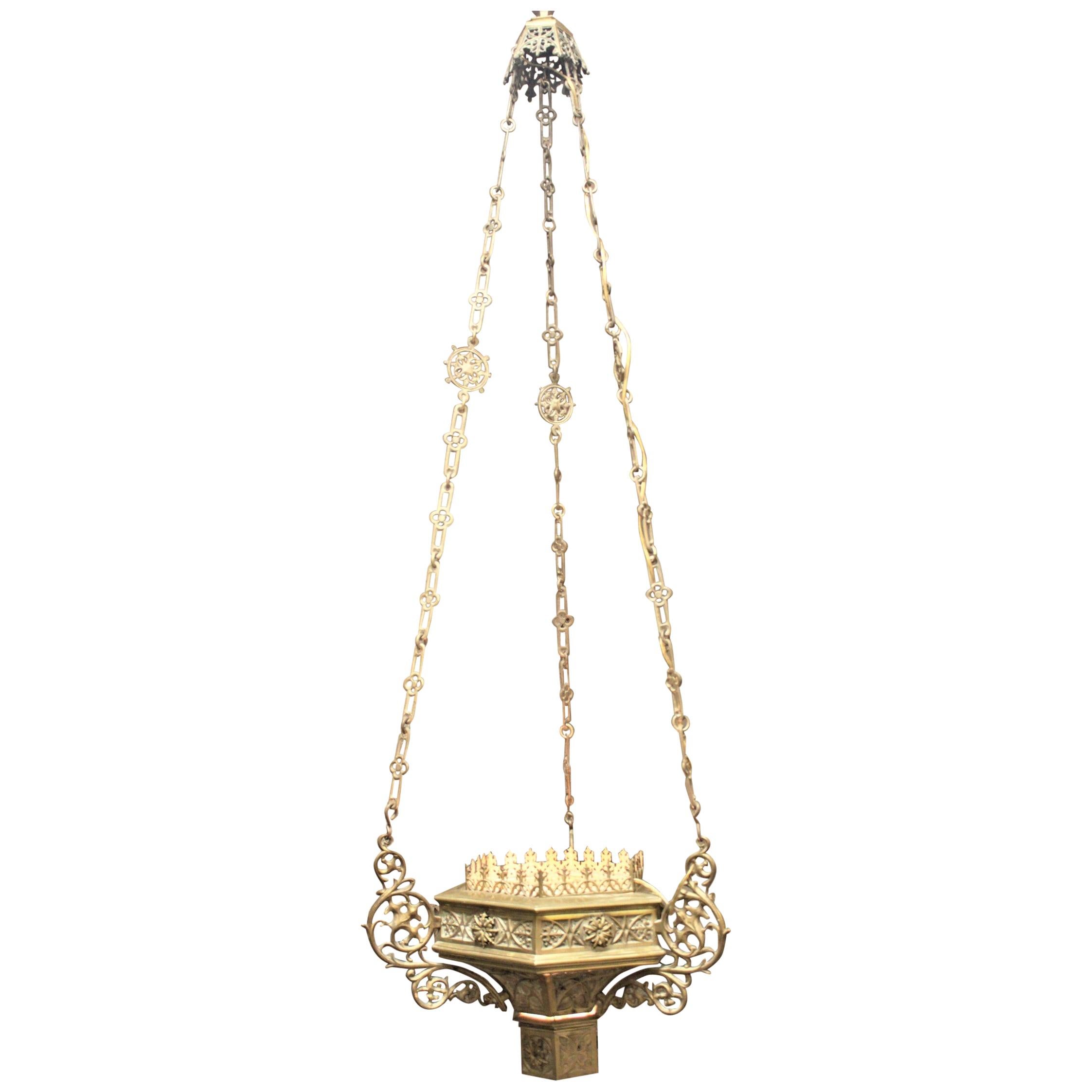 Antique Solid Cast Brass Gothic Revival Hanging Chandelier or Light Fixture For Sale