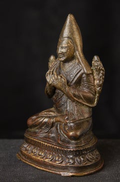 Figure antique en bronze massif coulé Tsong-kha-pa du Tibet ancien