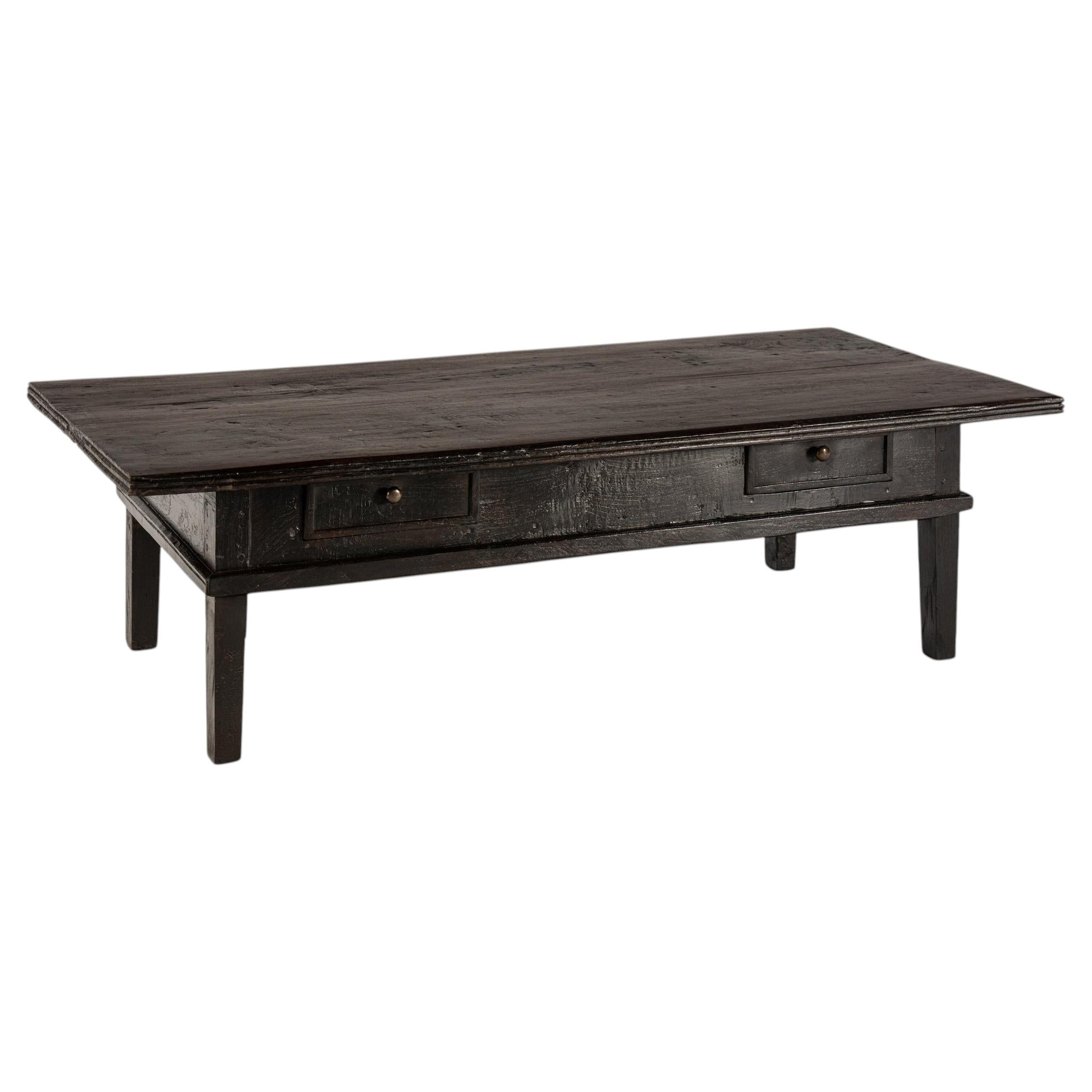 Antique Solid Chestnut Spanish Coffee Table with Three Drawers and Dark Patina