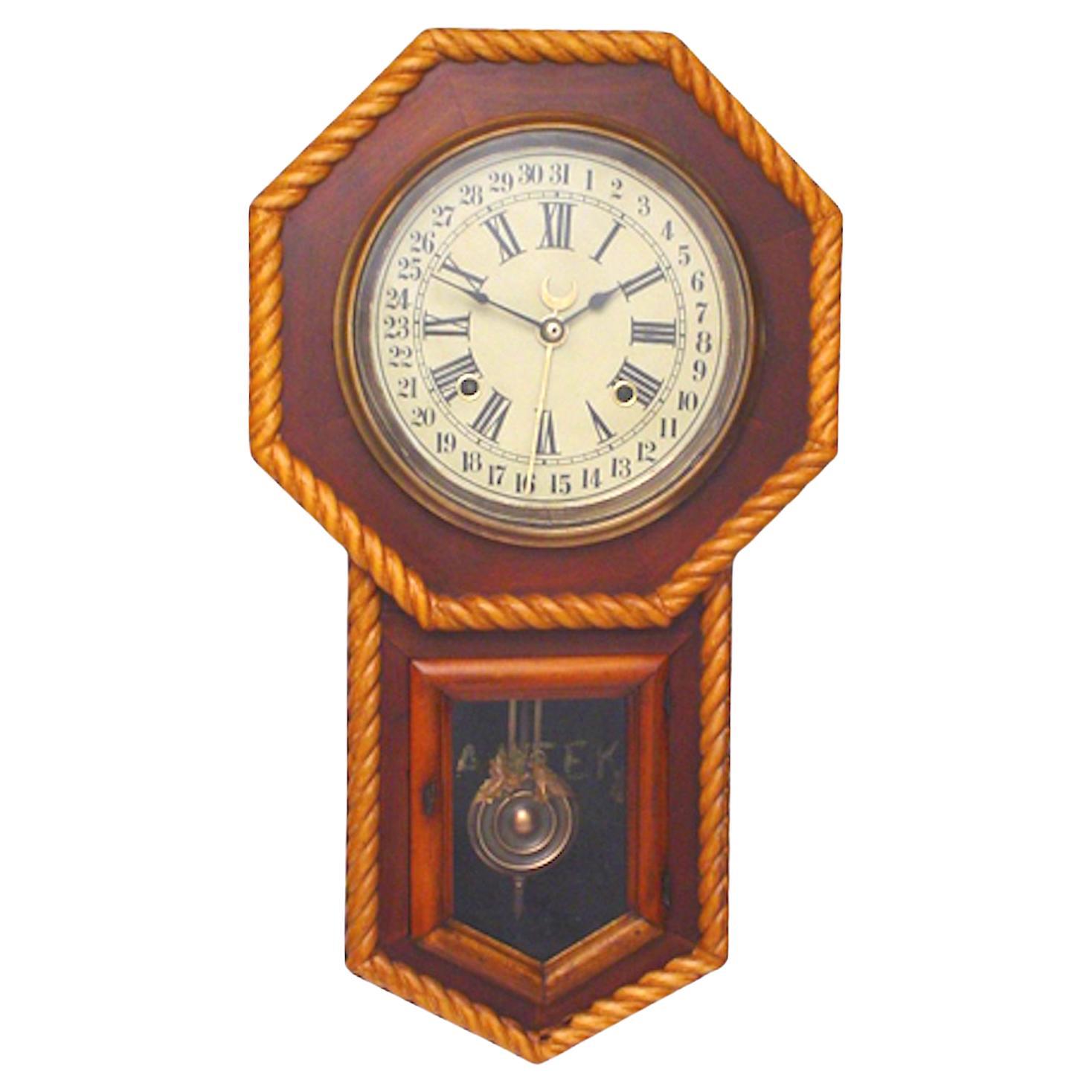 Antique Solid Elm Octagon Schoolhouse Calendar "Regulator A" Wall Clock For Sale