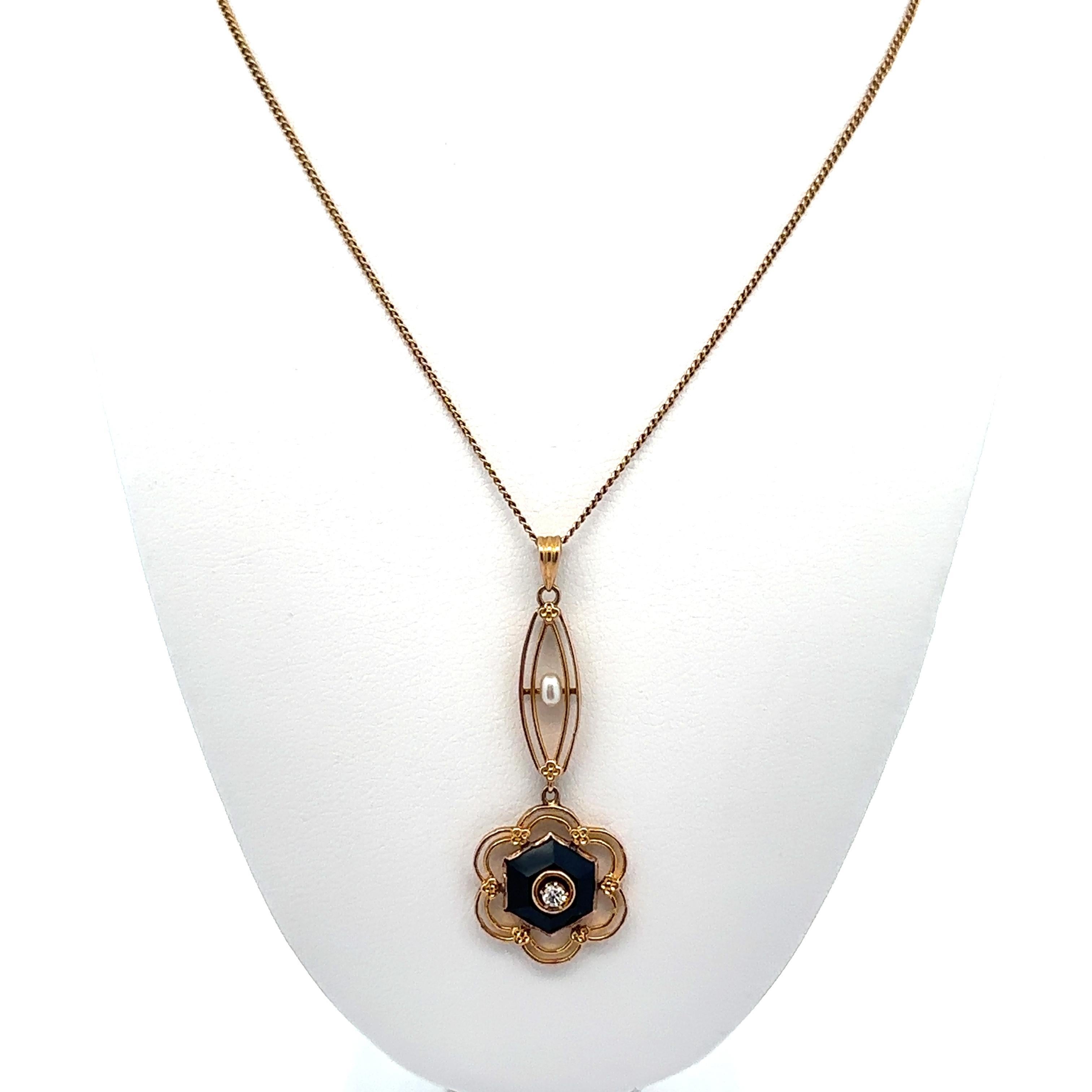 Ciondolo Lavalier antico in oro massiccio con pietra bianca e perla di seme, catena a cordoncino in vendita 3