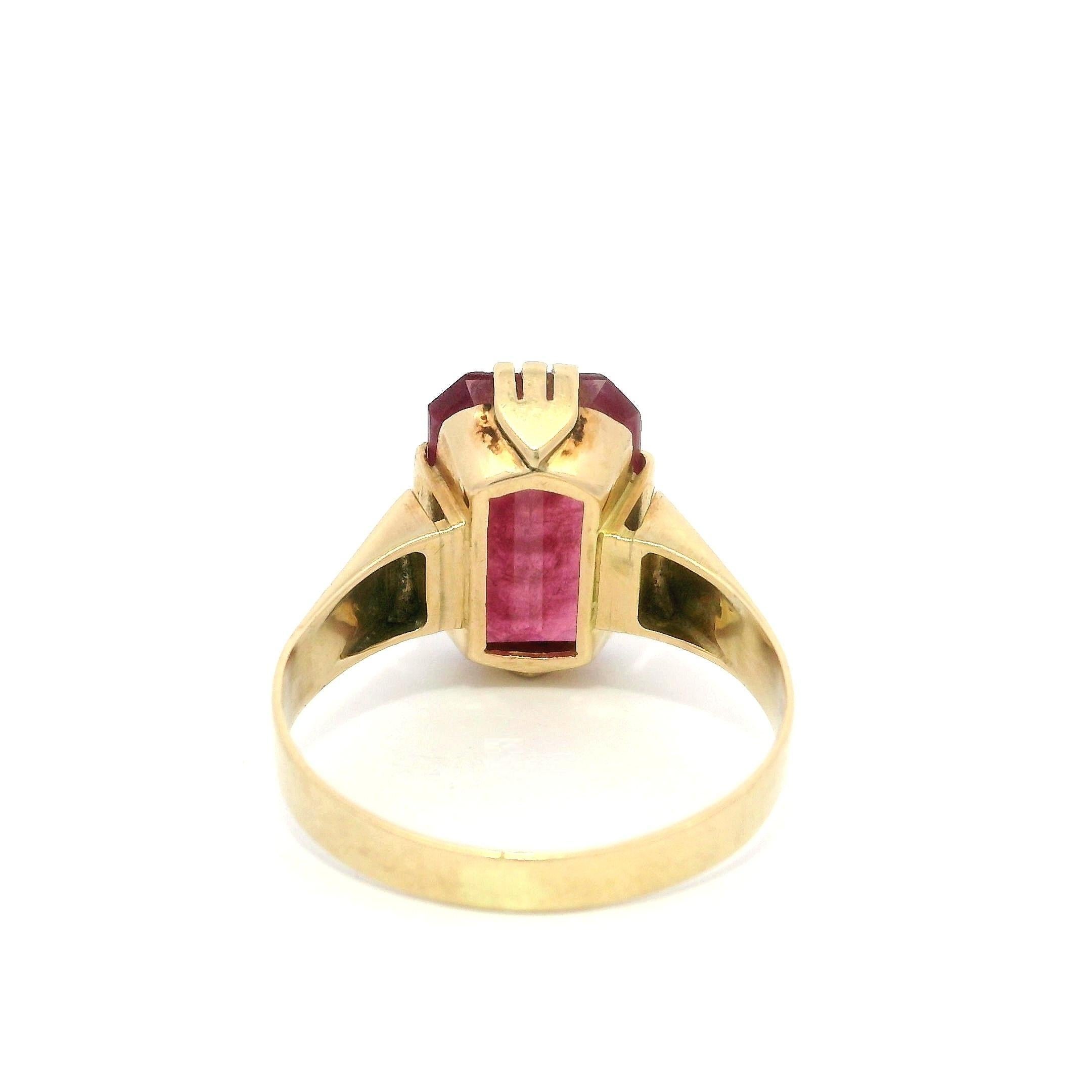 --Stone(s):--
(1) Natural Genuine Ruby - Rectangular Cut - Approx. 4.25ct Approx.  Prong Set - Purplish Red Color - Nice Color - Heated - Lead Filled Treated
** See Certification Details Below for Complete Info **

Material: Solid 14k Yellow