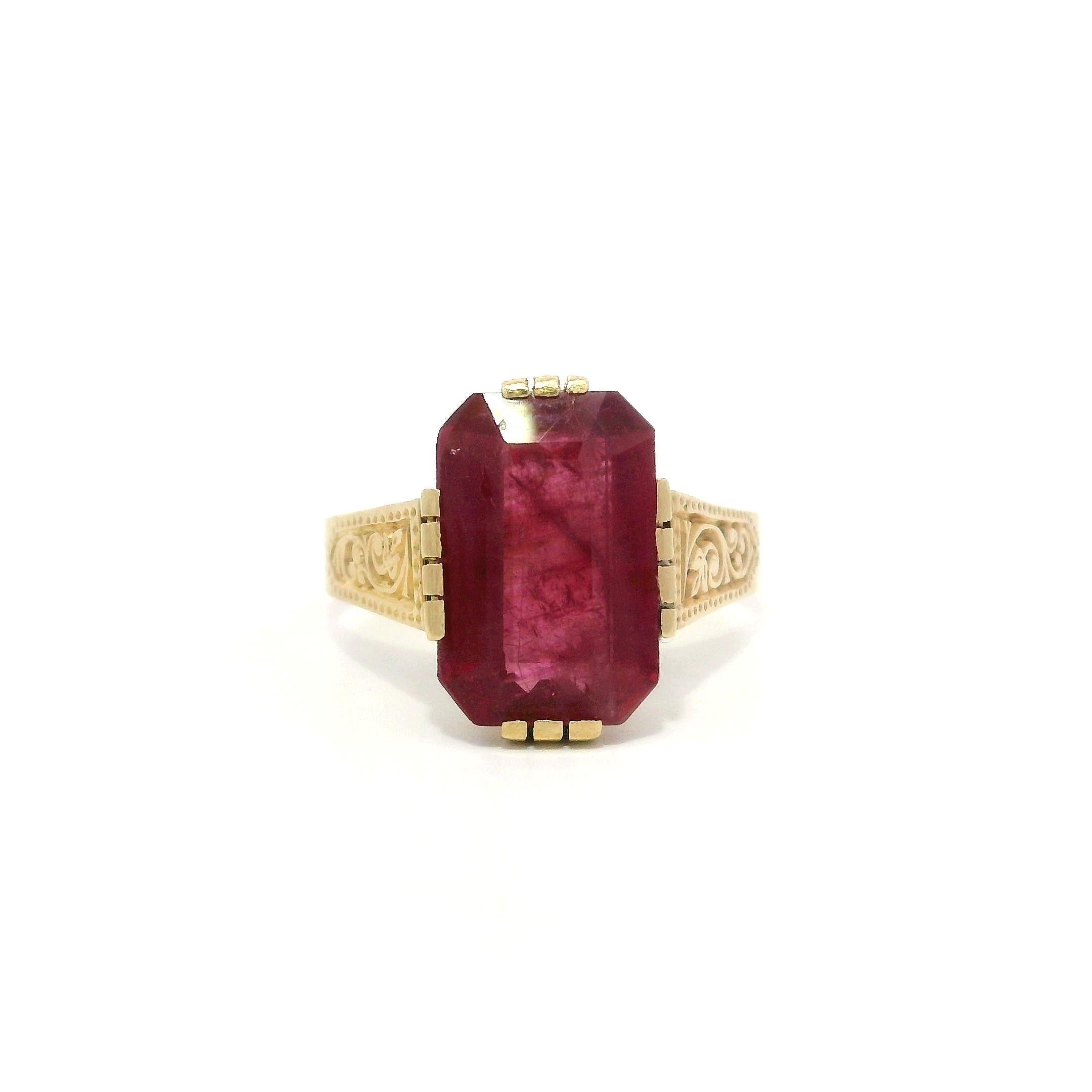 Emerald Cut Antique Solid Gold GIA Rectangular 4.25ct Ruby Solitaire Swirl Work Sides Ring