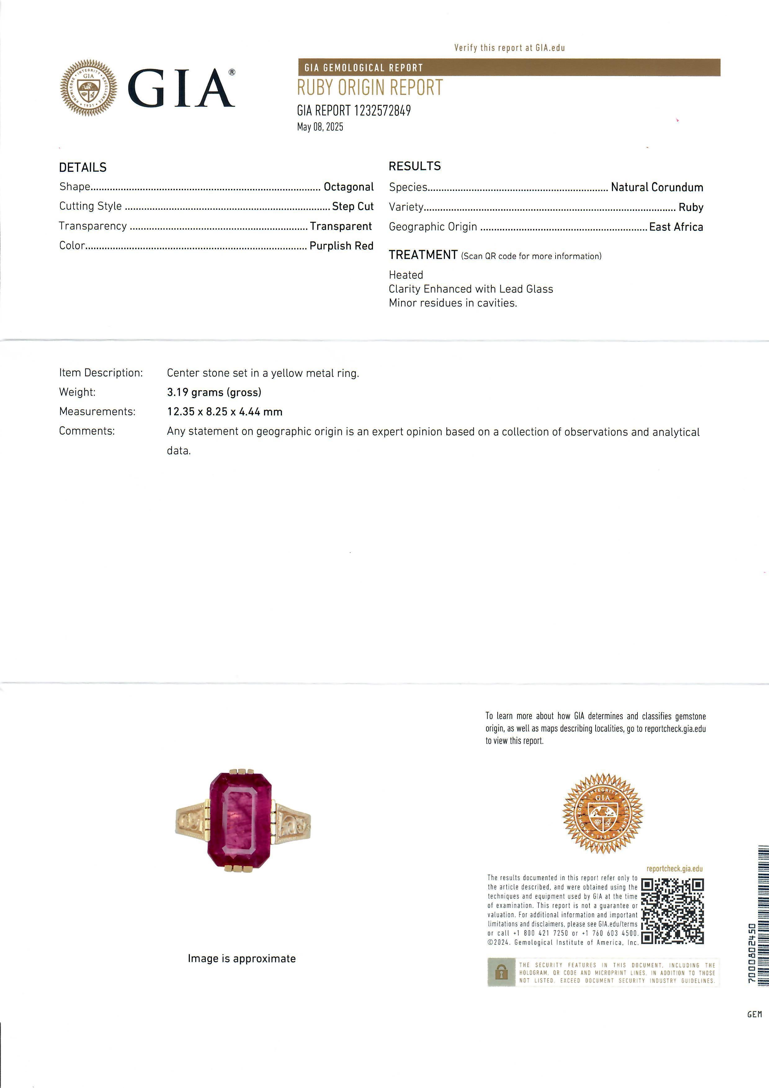 Women's Antique Solid Gold GIA Rectangular 4.25ct Ruby Solitaire Swirl Work Sides Ring
