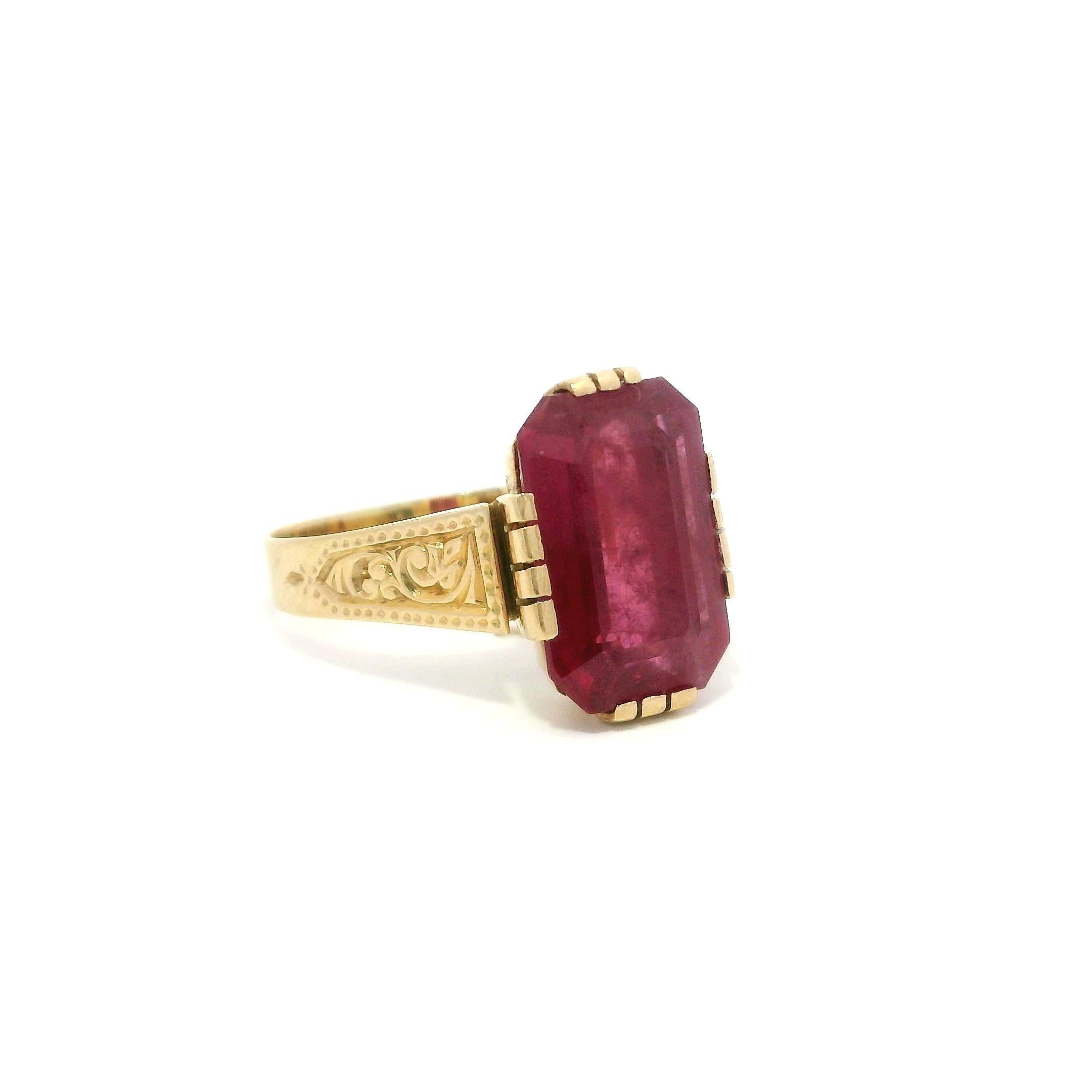Antique Solid Gold GIA Rectangular 4.25ct Ruby Solitaire Swirl Work Sides Ring 1