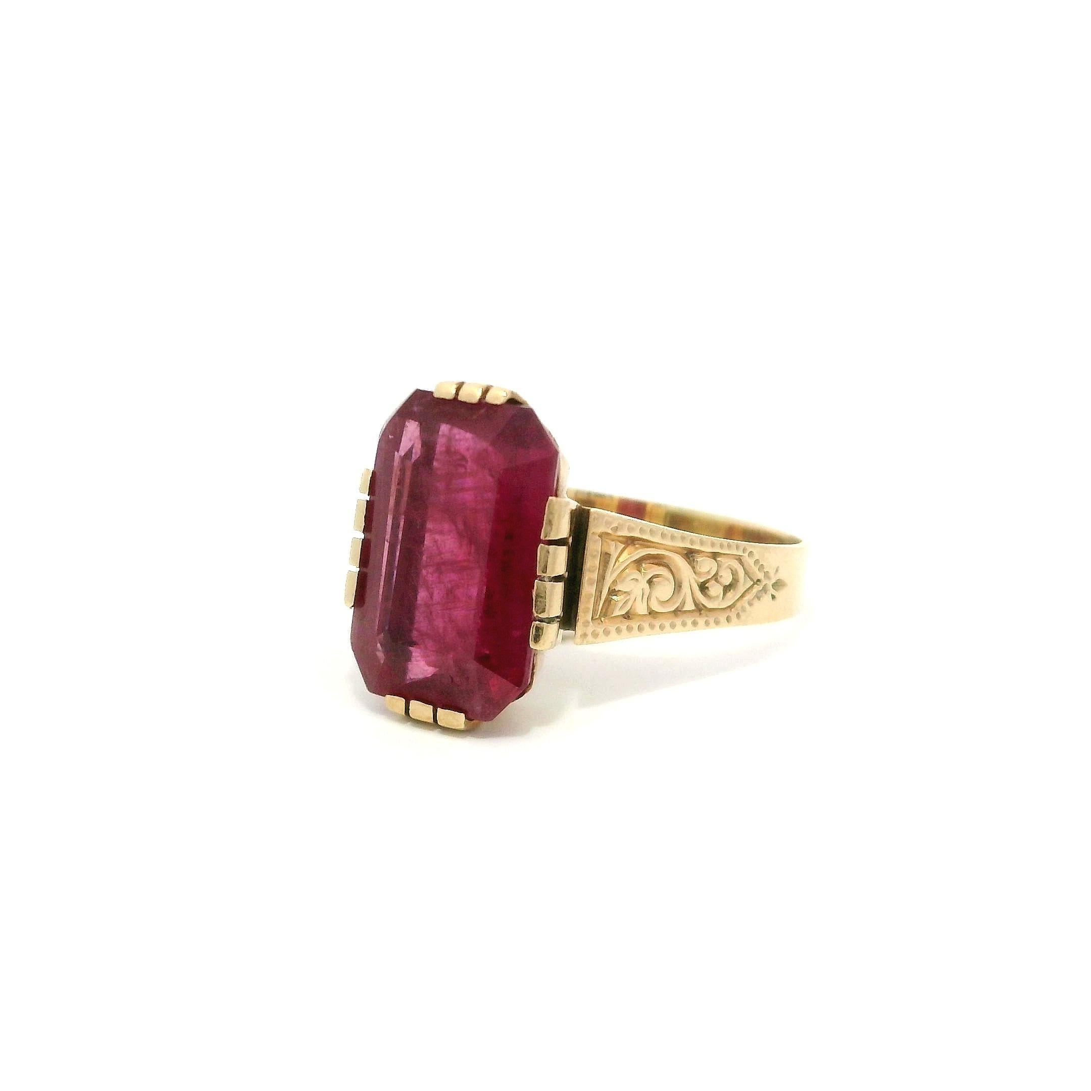 Antique Solid Gold GIA Rectangular 4.25ct Ruby Solitaire Swirl Work Sides Ring 4