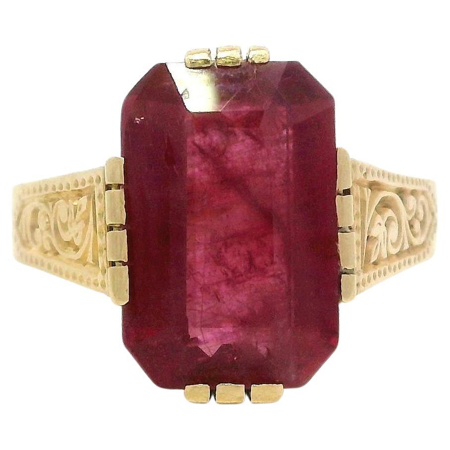 Antique Solid Gold GIA Rectangular 4.25ct Ruby Solitaire Swirl Work Sides Ring
