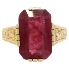 Antique Solid Gold GIA Rectangular 4.25ct Ruby Solitaire Swirl Work Sides Ring