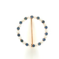 Broche ancienne en or massif GIA saphir rond sans chaleur et perles couronne de cercle
