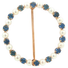 Broche ancienne en or massif GIA saphir rond sans chaleur et perles couronne de cercle