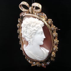 Antique Solid Gold Large Carved Shell Cameo Rose Cut Diamond Bow Brooch Pendant