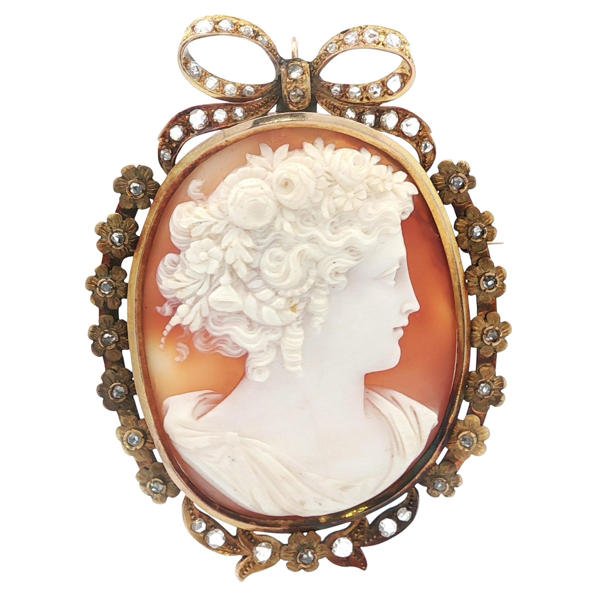 Antique Solid Gold Large Carved Shell Cameo Rose Cut Diamond Bow Brooch Pendant