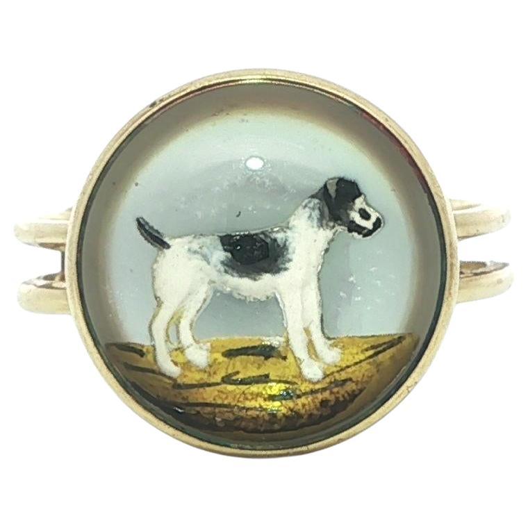 Antique Solid Gold Reverse Painted Intaglio Essex Glass Terrier Dog Ring en vente