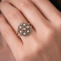 Antique Solid Gold Seed Pearls w/ Rose Cut Diamond Flower Cluster Platter Ring
