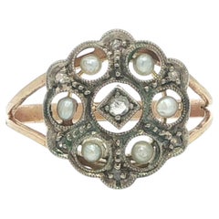 Antique Solid Gold Seed Pearls w/ Rose Cut Diamond Flower Cluster Platter Ring