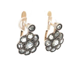 Antique Solid Gold & Silver Top Pave Rose Cut Diamond Drop Cluster Earrings