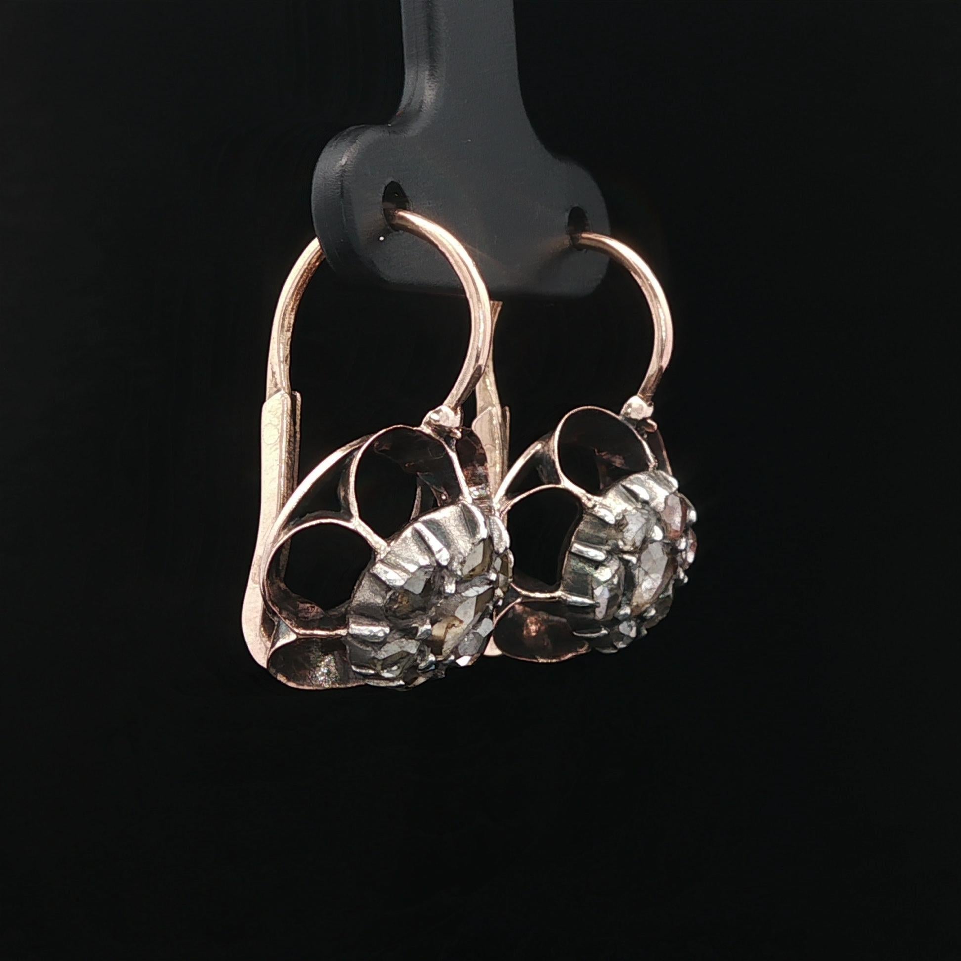 Antike solide Gold Silber Top Rose Diamond Front Hook Schläfer Butterblume Ohrringe (Rosenschliff) im Angebot