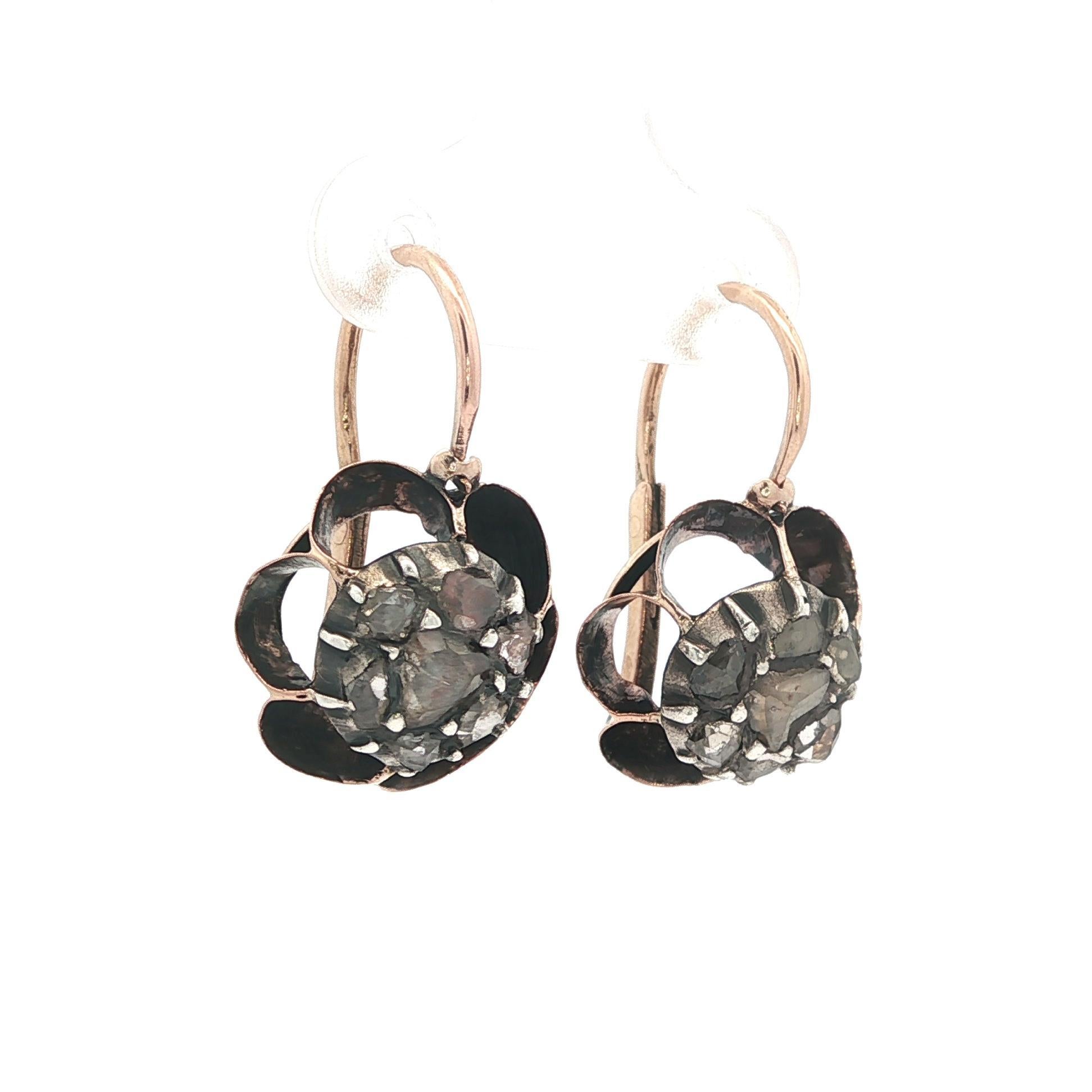 Antike solide Gold Silber Top Rose Diamond Front Hook Schläfer Butterblume Ohrringe im Angebot 2