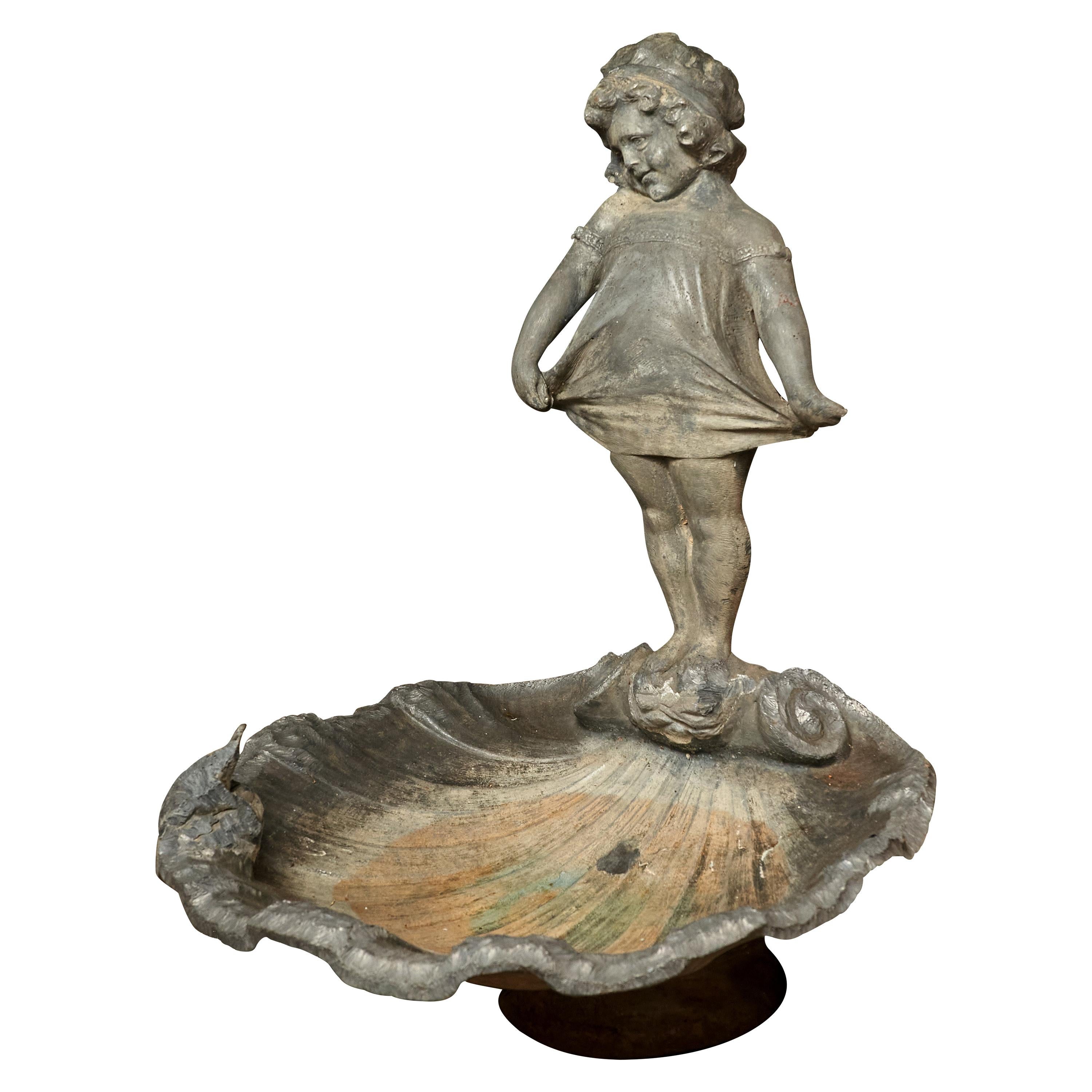 Antique Solid Lead Fountain Small Girl and Frog