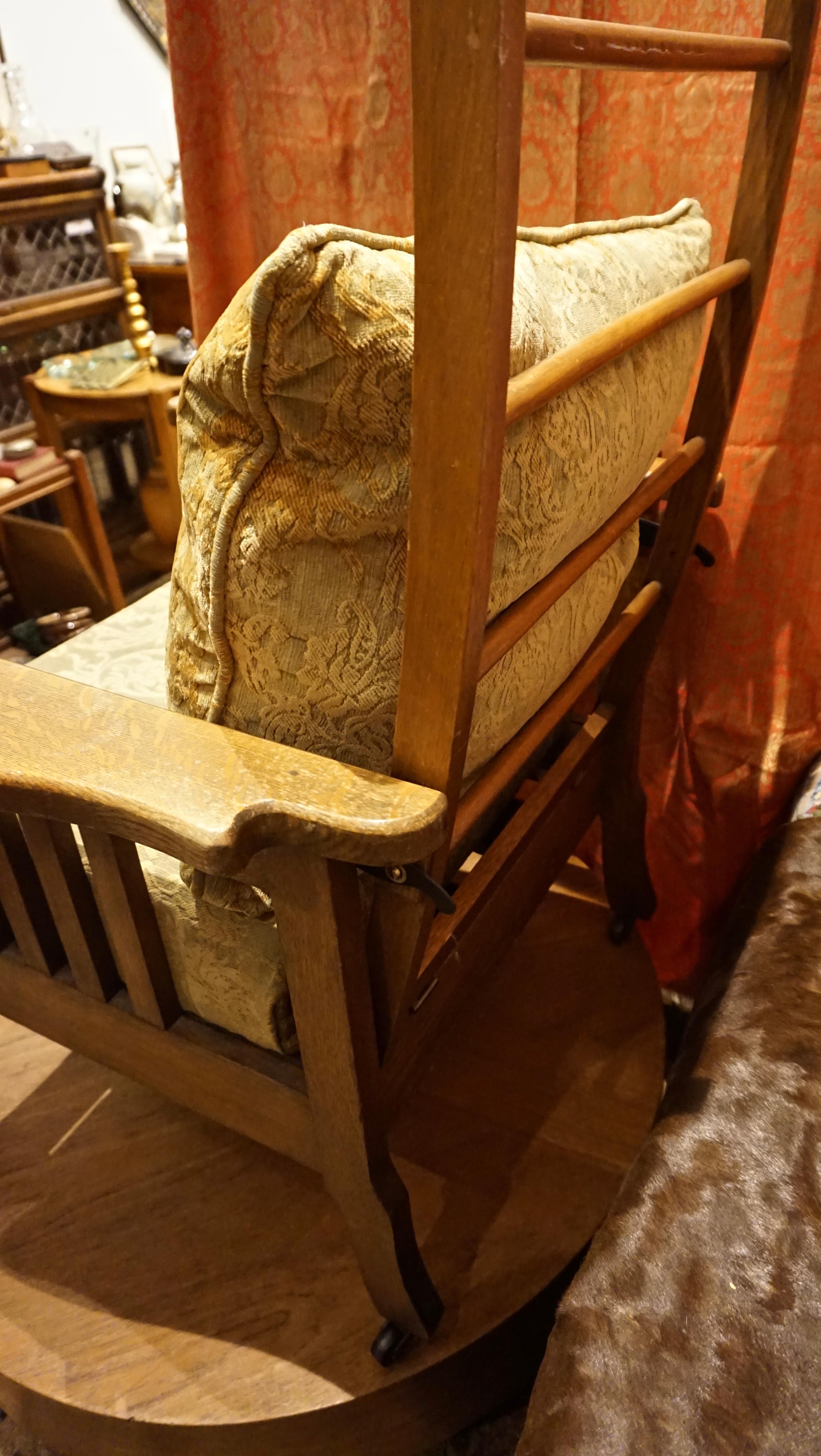 Antique Solid Oak Arts & Crafts Morris Chair Canadiana Hand Carved 6