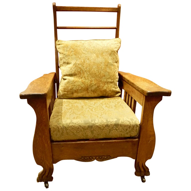 Antique Solid Oak Arts and Crafts Morris Chair Canadiana Hand Carved at