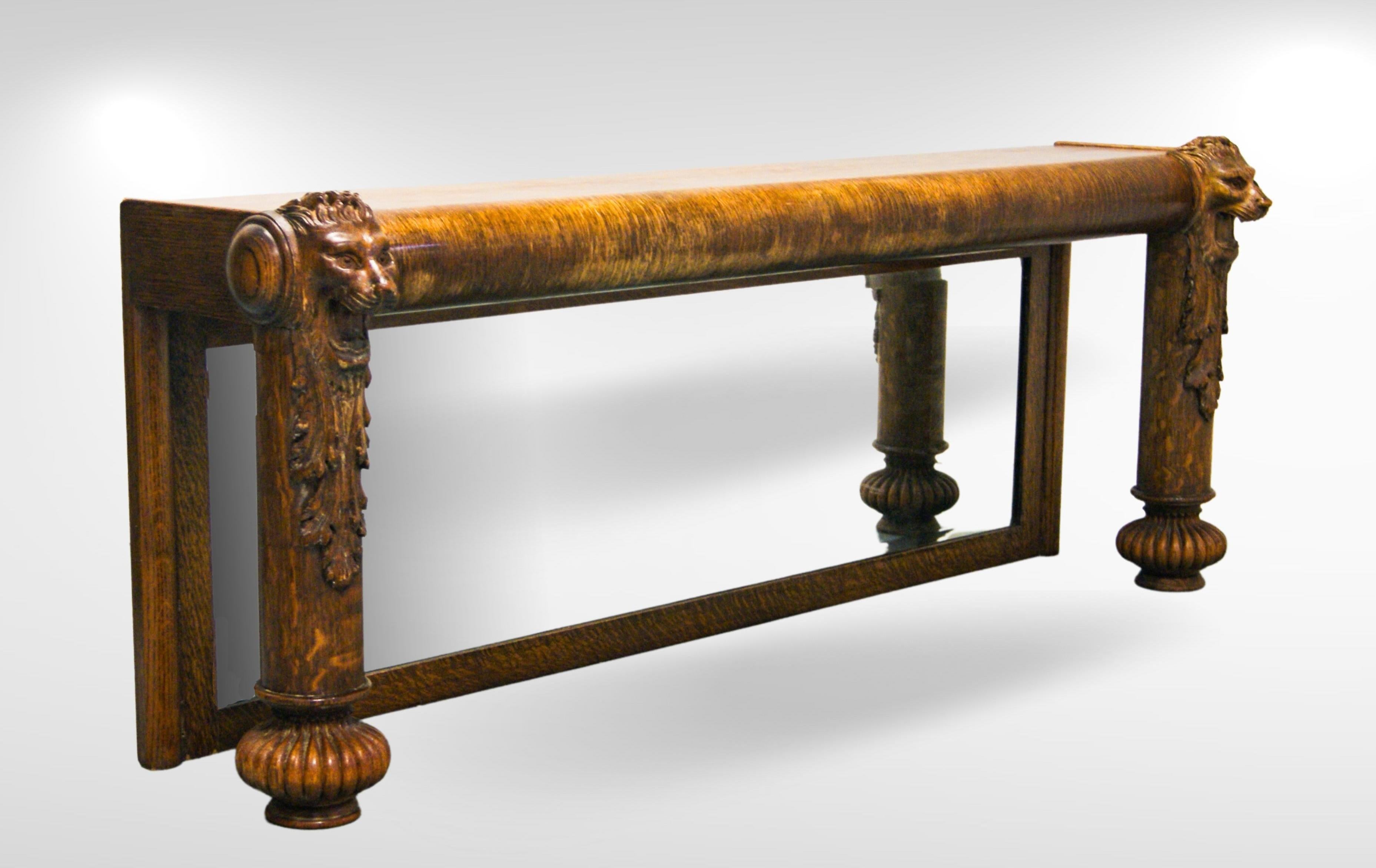 Antiker, rechteckiger, geschnitzter Übermantel-Spiegel oder Flurbank aus massiver Eiche mit Löwenköpfen (Viktorianisch) im Angebot