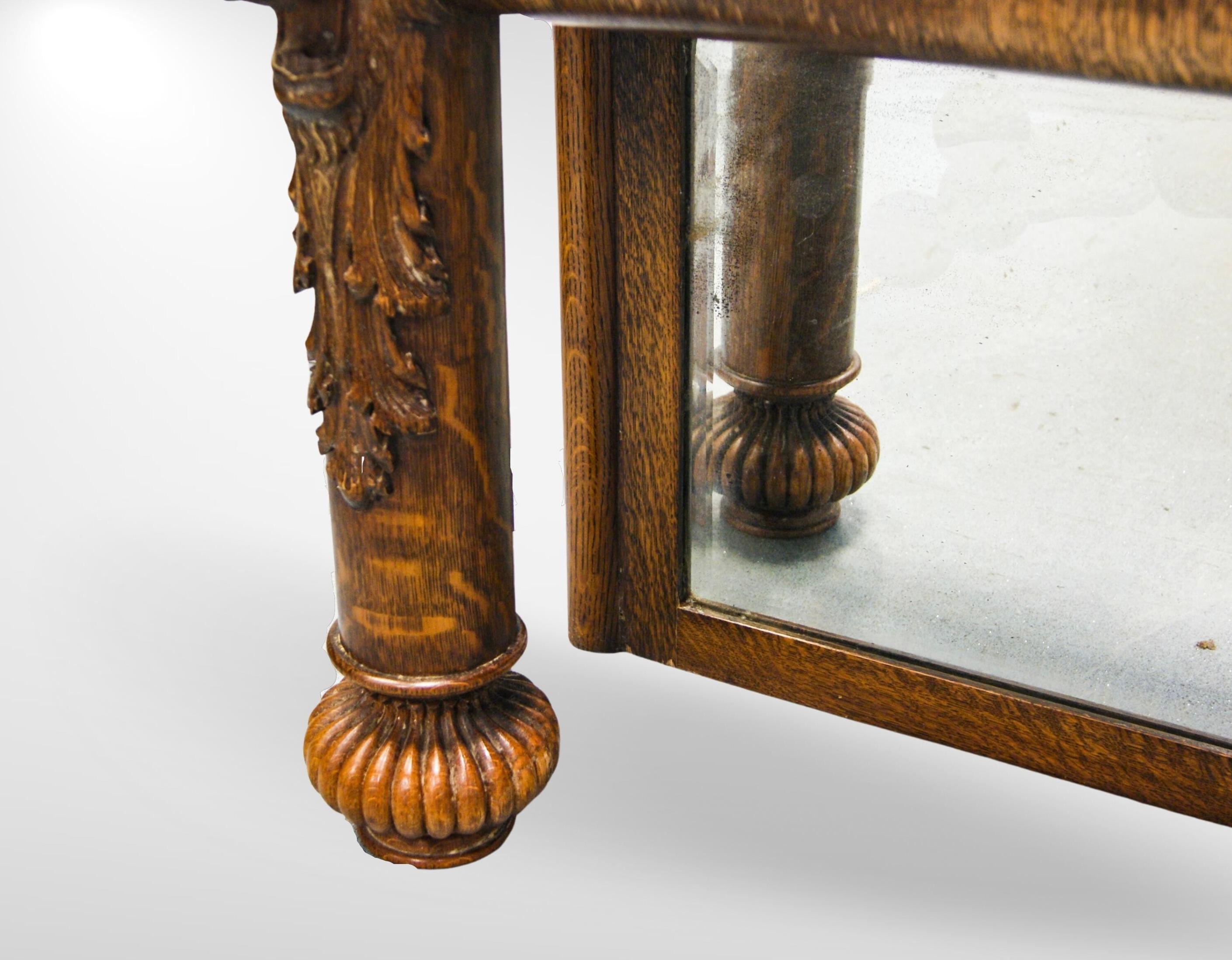 Antiker, rechteckiger, geschnitzter Übermantel-Spiegel oder Flurbank aus massiver Eiche mit Löwenköpfen im Angebot 2