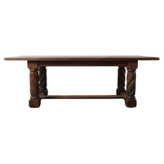 Antique Solid Oak Dining Table with Barley Twist Legs and Stretcher Base