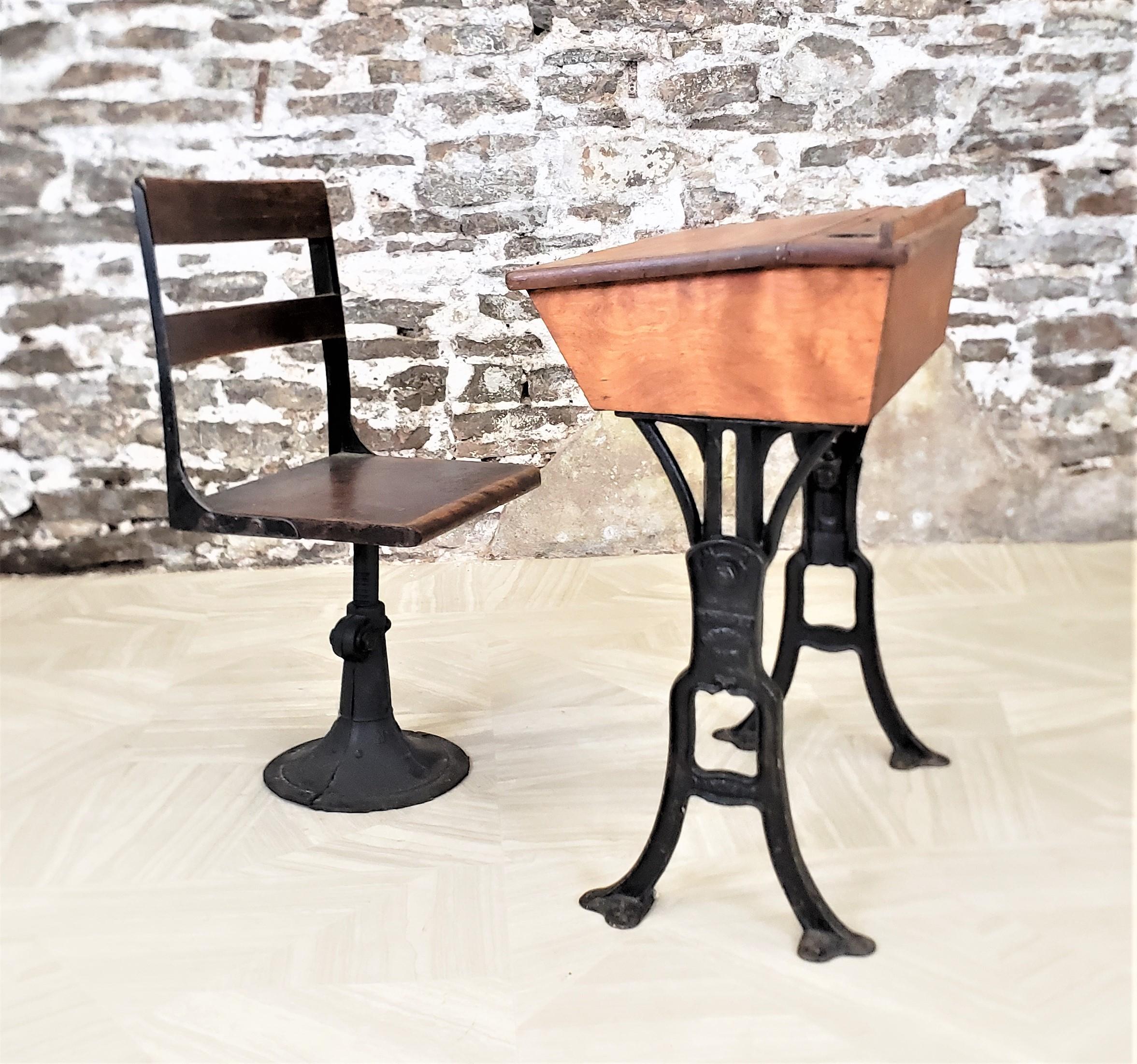 Antique Solid Oak School Desk & Chair Set with Cast Iron Adjustable Bases 9