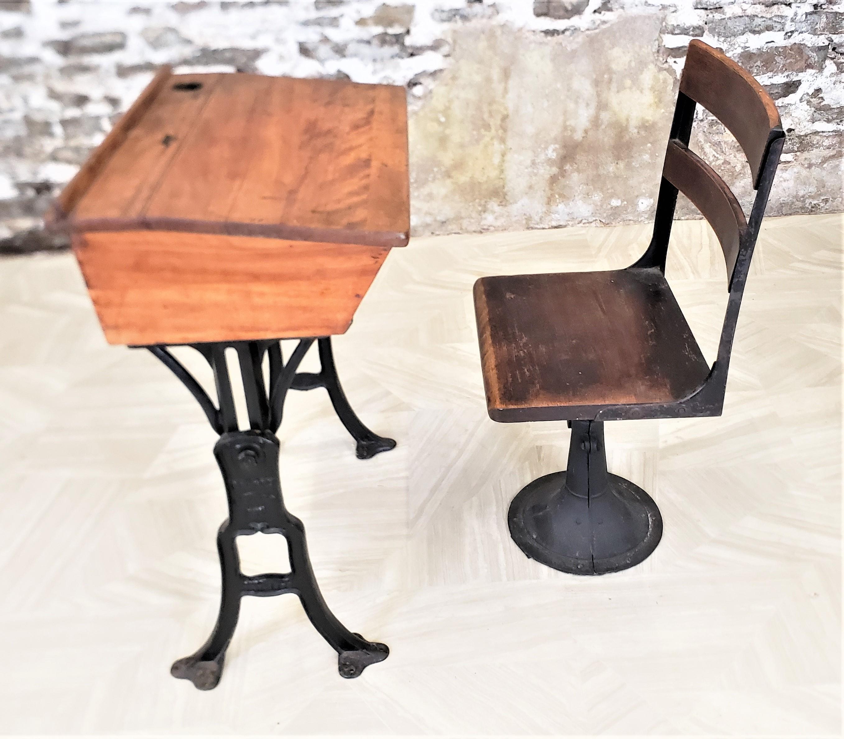 Antique Solid Oak School Desk & Chair Set with Cast Iron Adjustable Bases 10