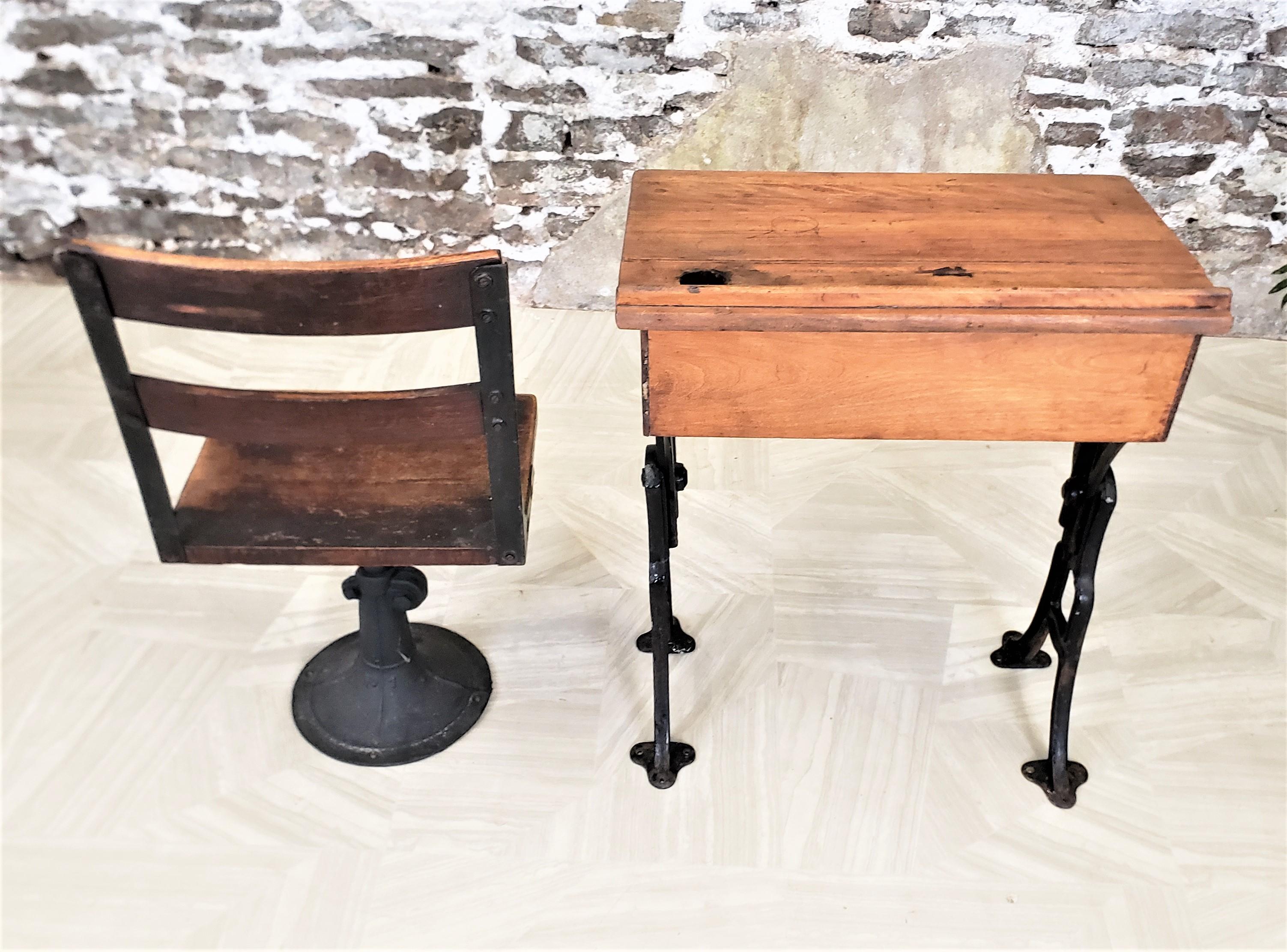Art Deco Antique Solid Oak School Desk & Chair Set with Cast Iron Adjustable Bases