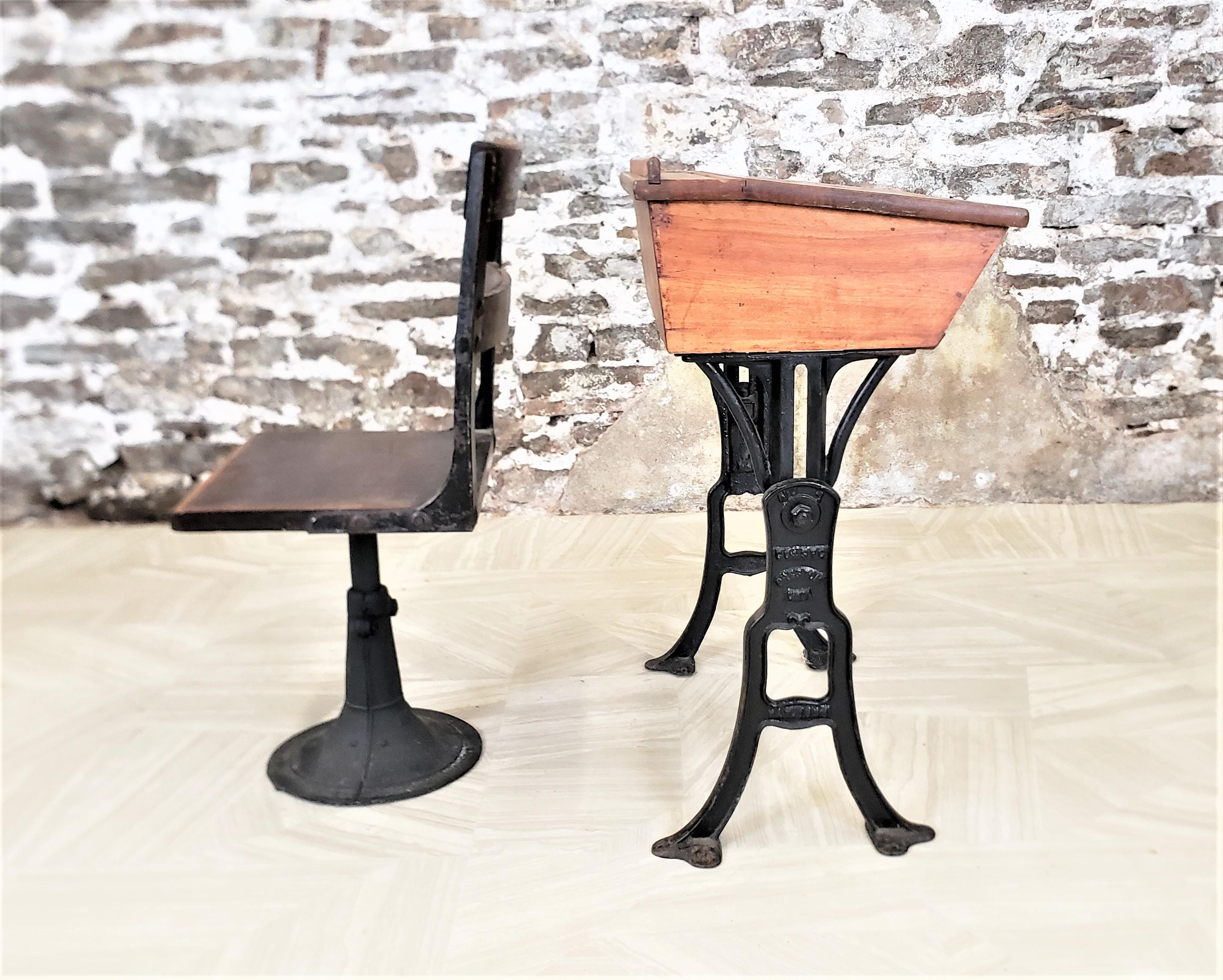 Canadian Antique Solid Oak School Desk & Chair Set with Cast Iron Adjustable Bases