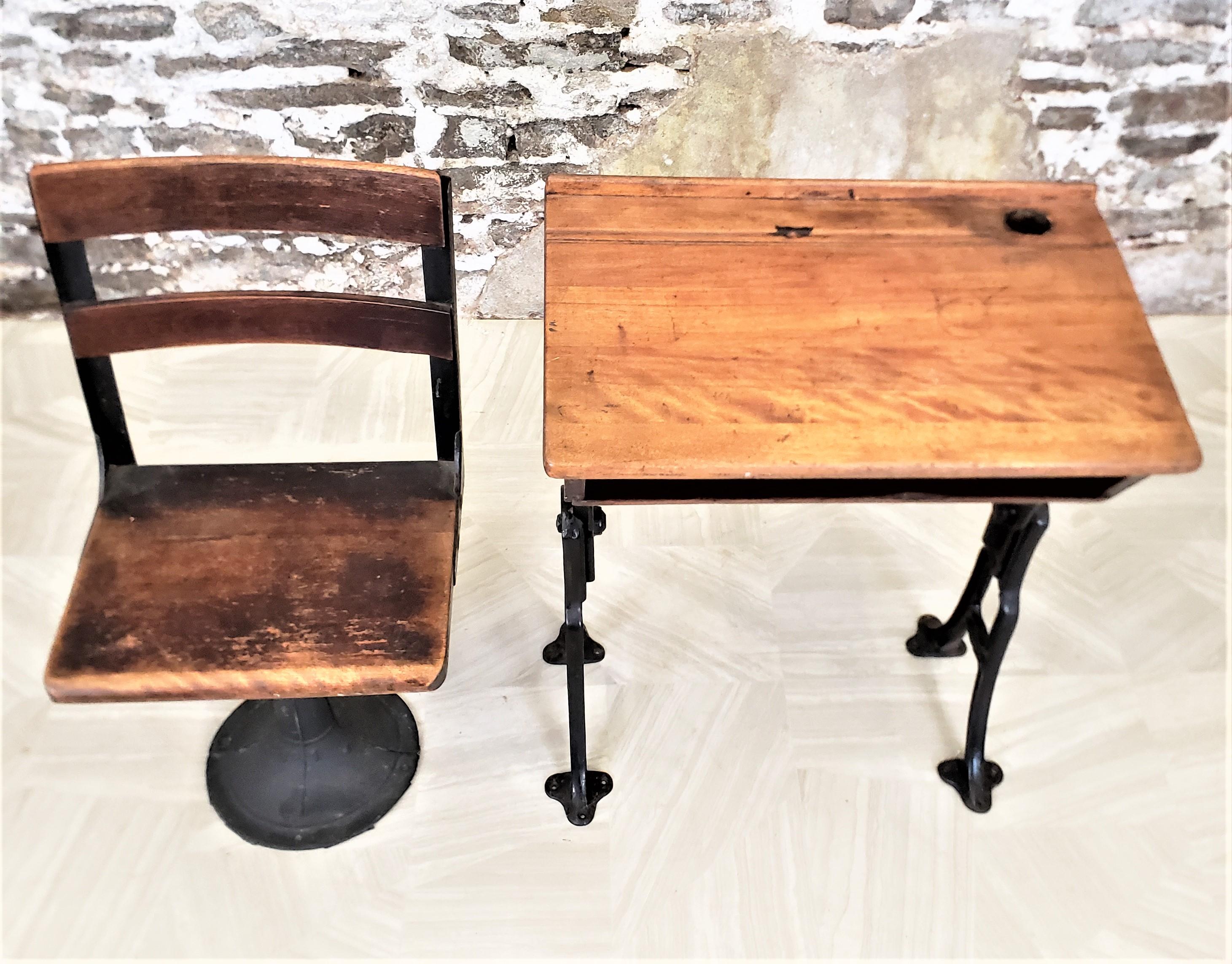 20th Century Antique Solid Oak School Desk & Chair Set with Cast Iron Adjustable Bases