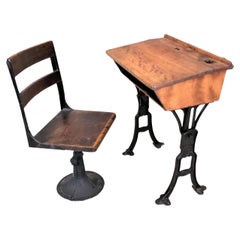 Antique Solid Oak School Desk & Chair Set with Cast Iron Adjustable Bases