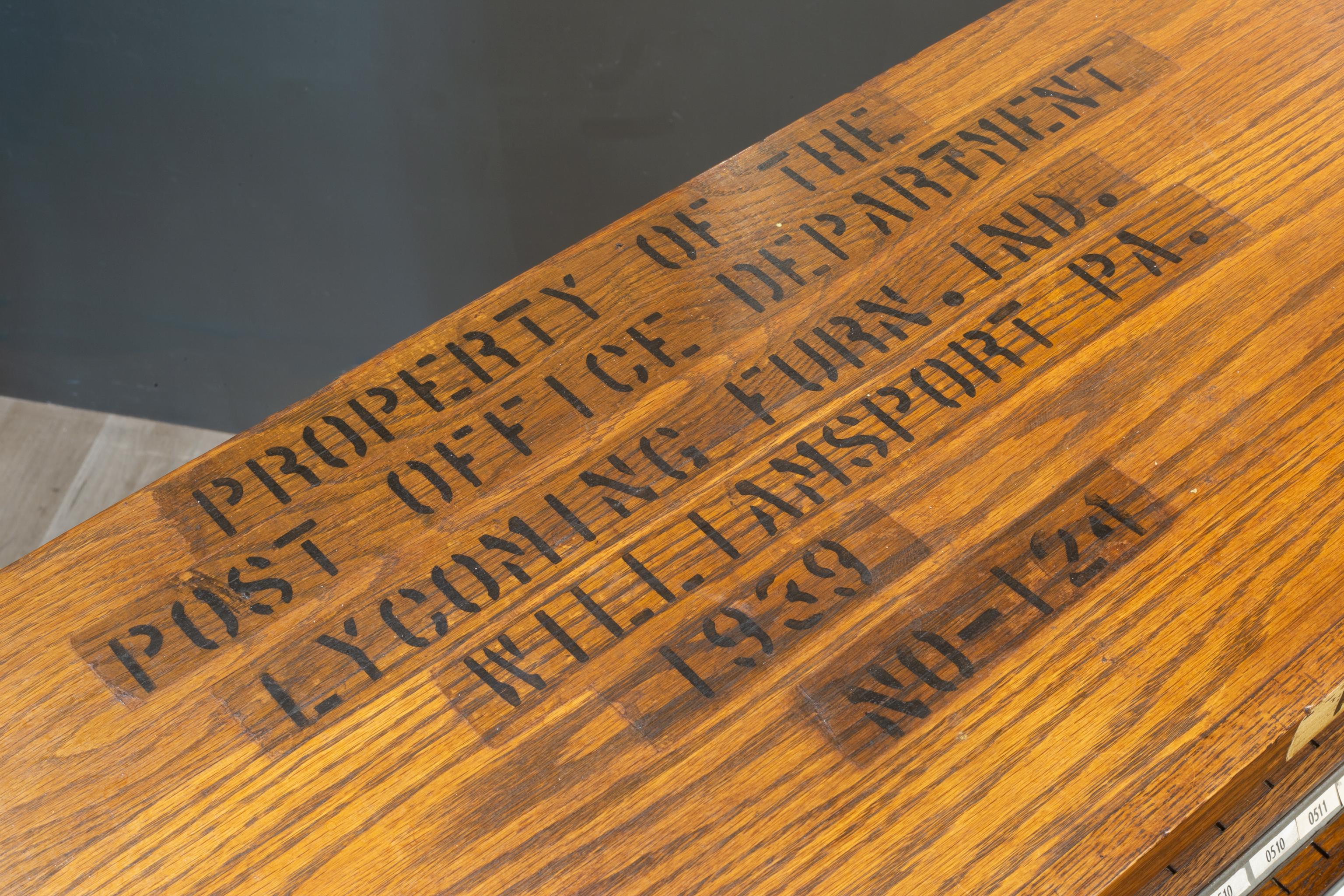 Brass Antique Solid Oak Slotted Postal Sorting Desk, circa 1939